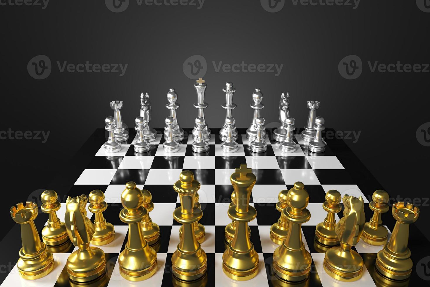 Chess board game The pieces are colorful with silver and gold. 3D rendering photo