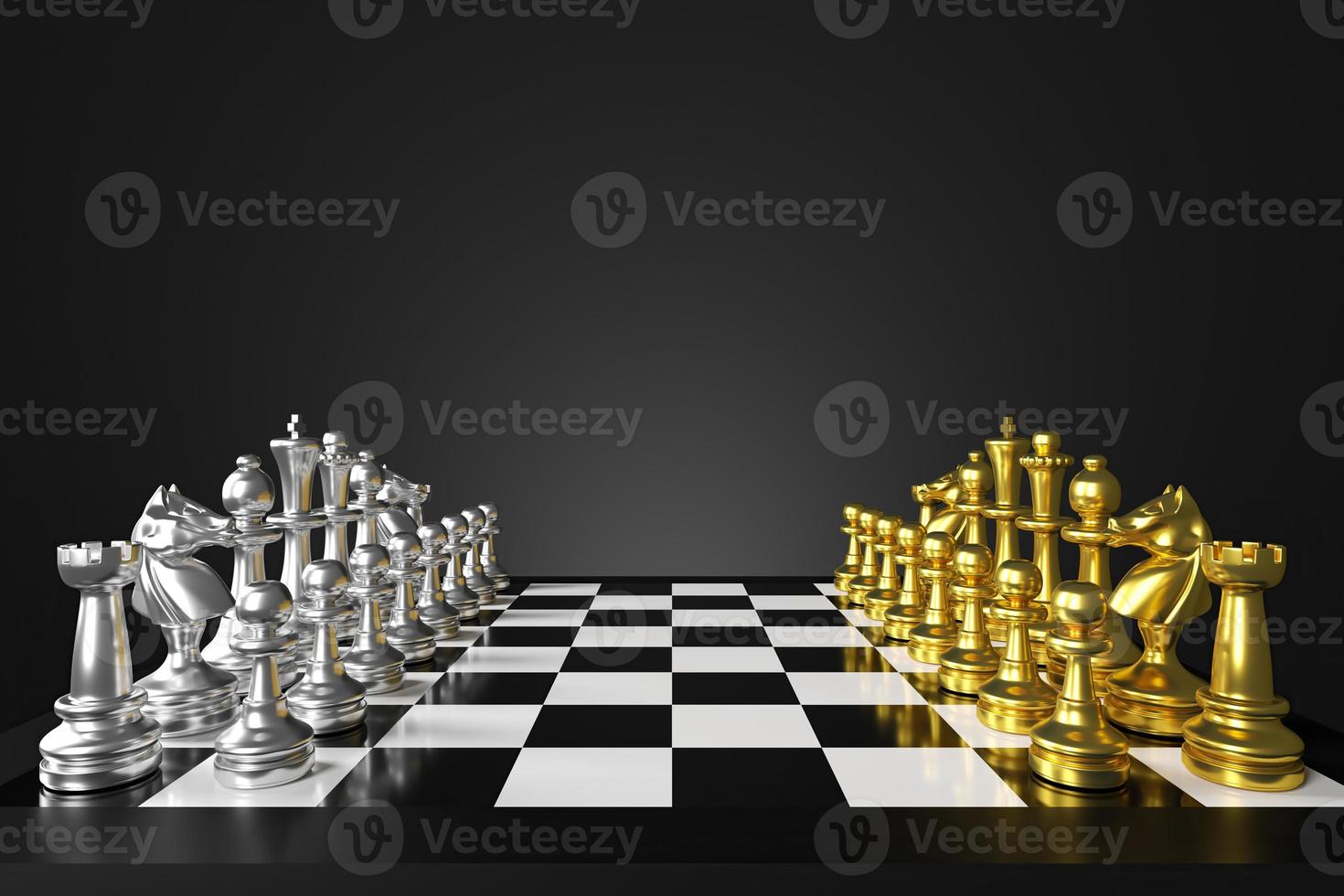 Chess board game The pieces are colorful with silver and gold. 3D rendering photo