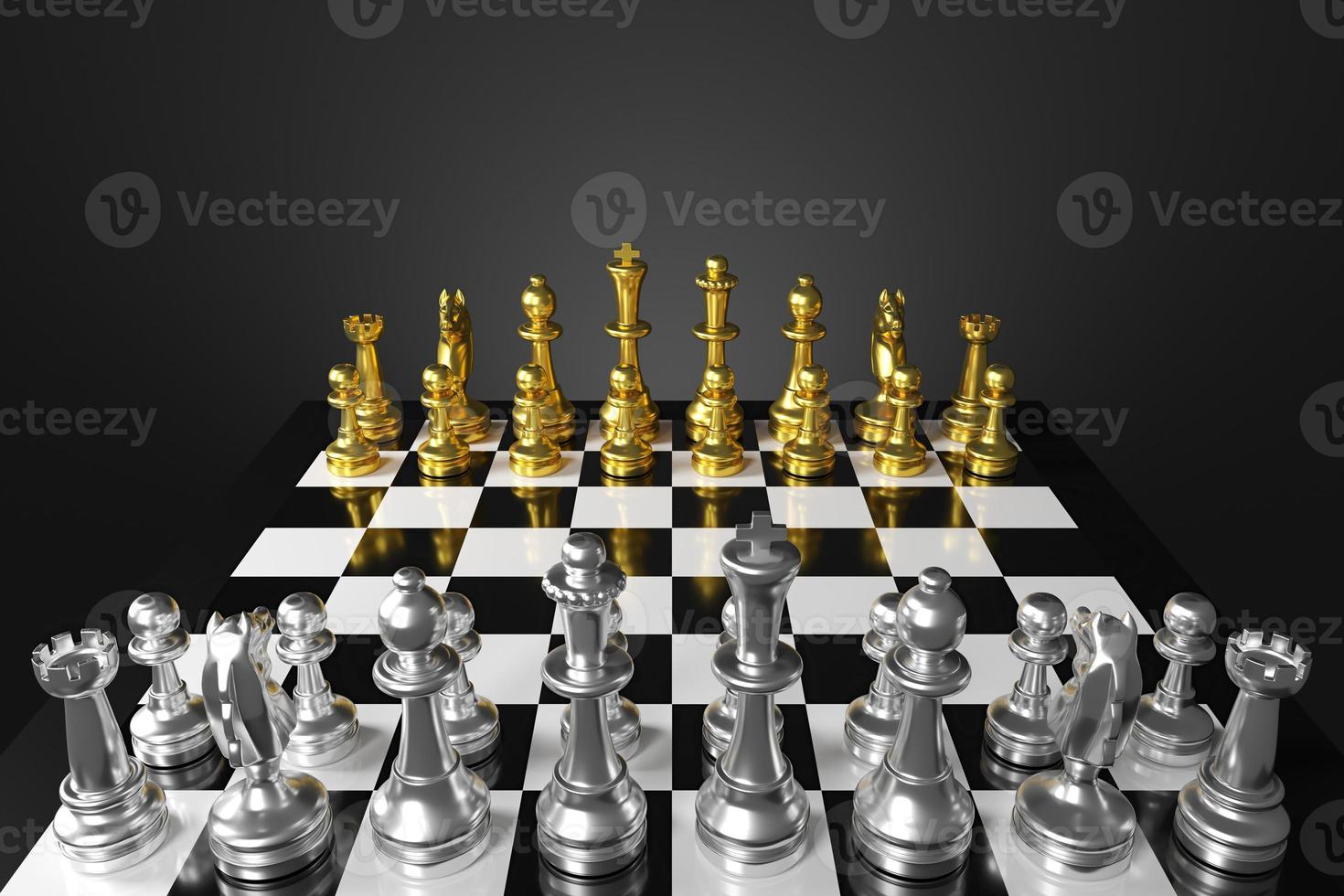 Chess board game The pieces are colorful with silver and gold. 3D rendering photo