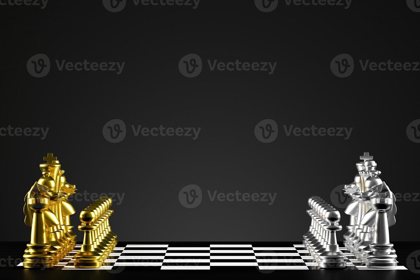 Chess board game The pieces are colorful with silver and gold. 3D rendering photo