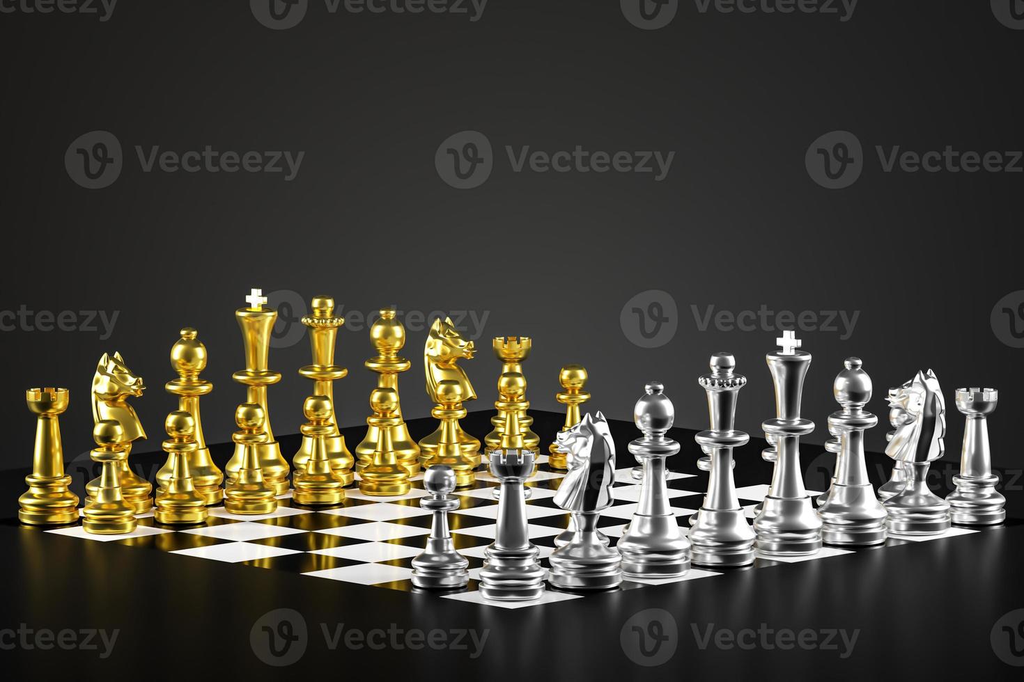 Chess board game The pieces are colorful with silver and gold. 3D rendering photo