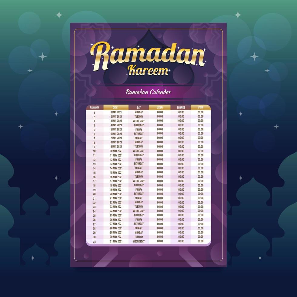 Islamic Purple Ramadan Kareem Fasting Month Calendar vector