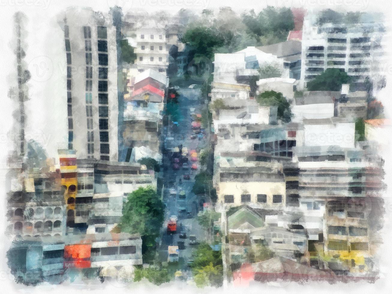 The landscape of buildings and houses and roads in Bangkok watercolor style illustration impressionist painting. photo