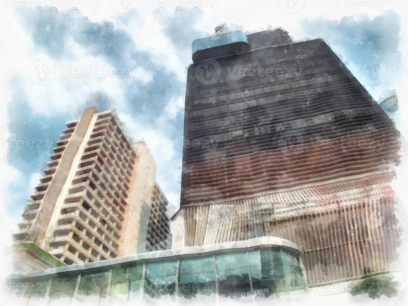 landscape of tall buildings in the city watercolor style illustration impressionist painting. photo