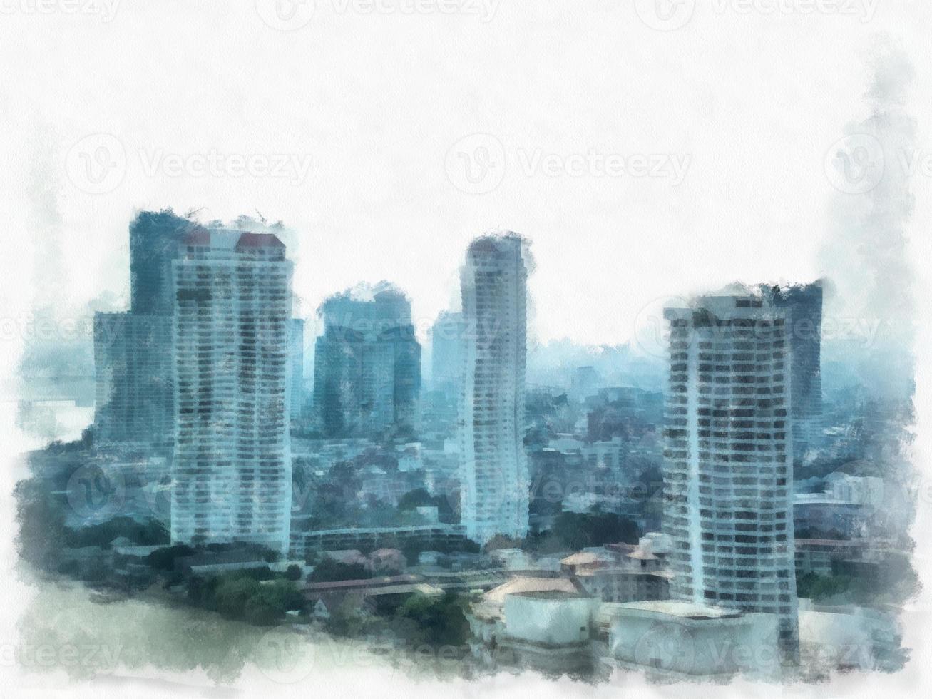 urban landscape with tall buildings watercolor style illustration impressionist painting. photo