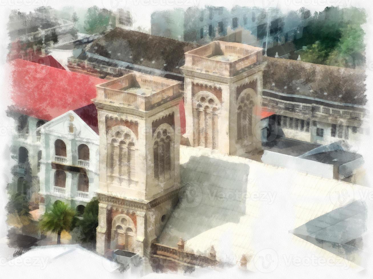 iglesia de estilo gótico en la ciudad desde arriba pintura impresionista de ilustración de estilo acuarela. foto