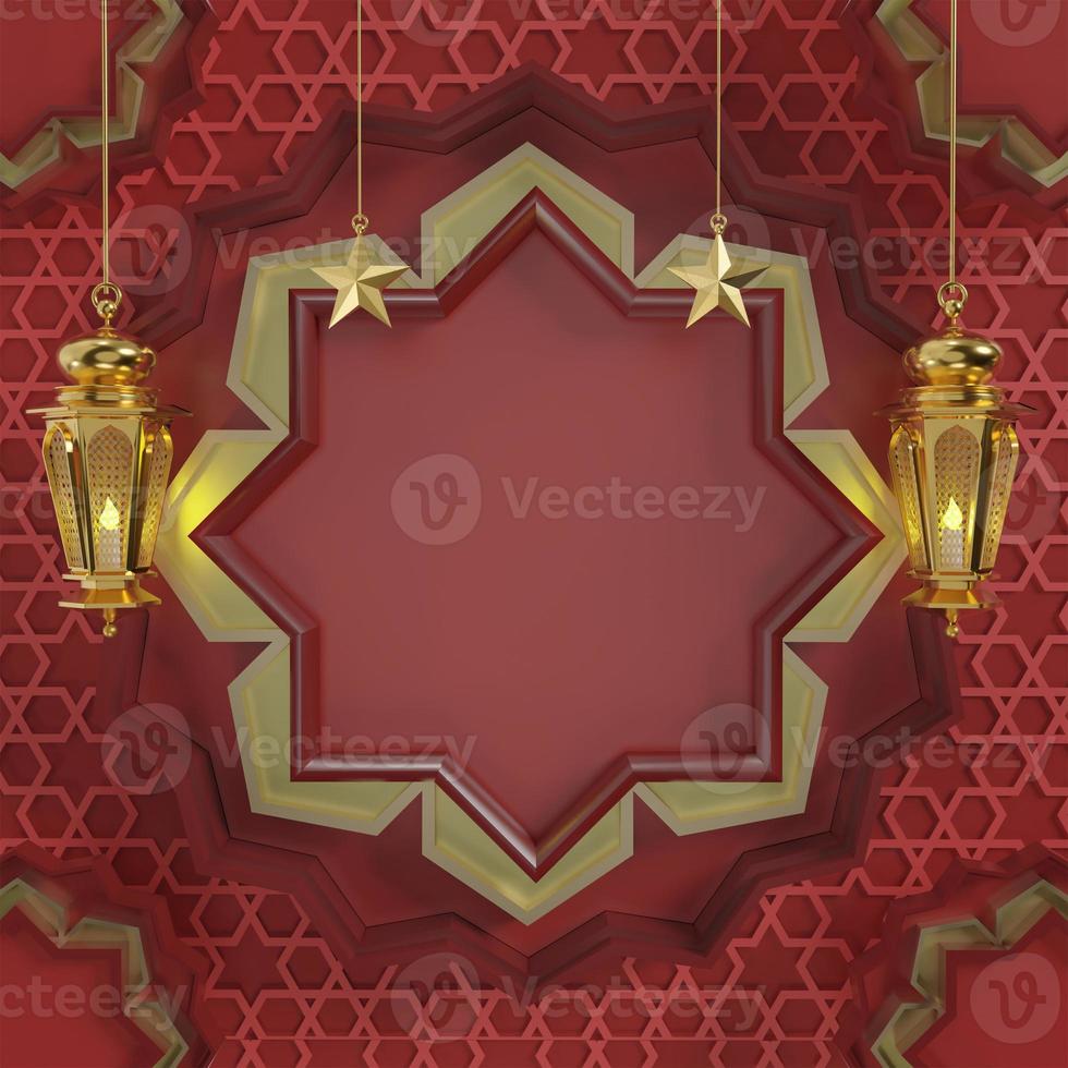 Ramadan Kareem greeting template with arabic lanterns on the background for advertising products and banner  - 3d rendering illustration for cards, greetings. photo