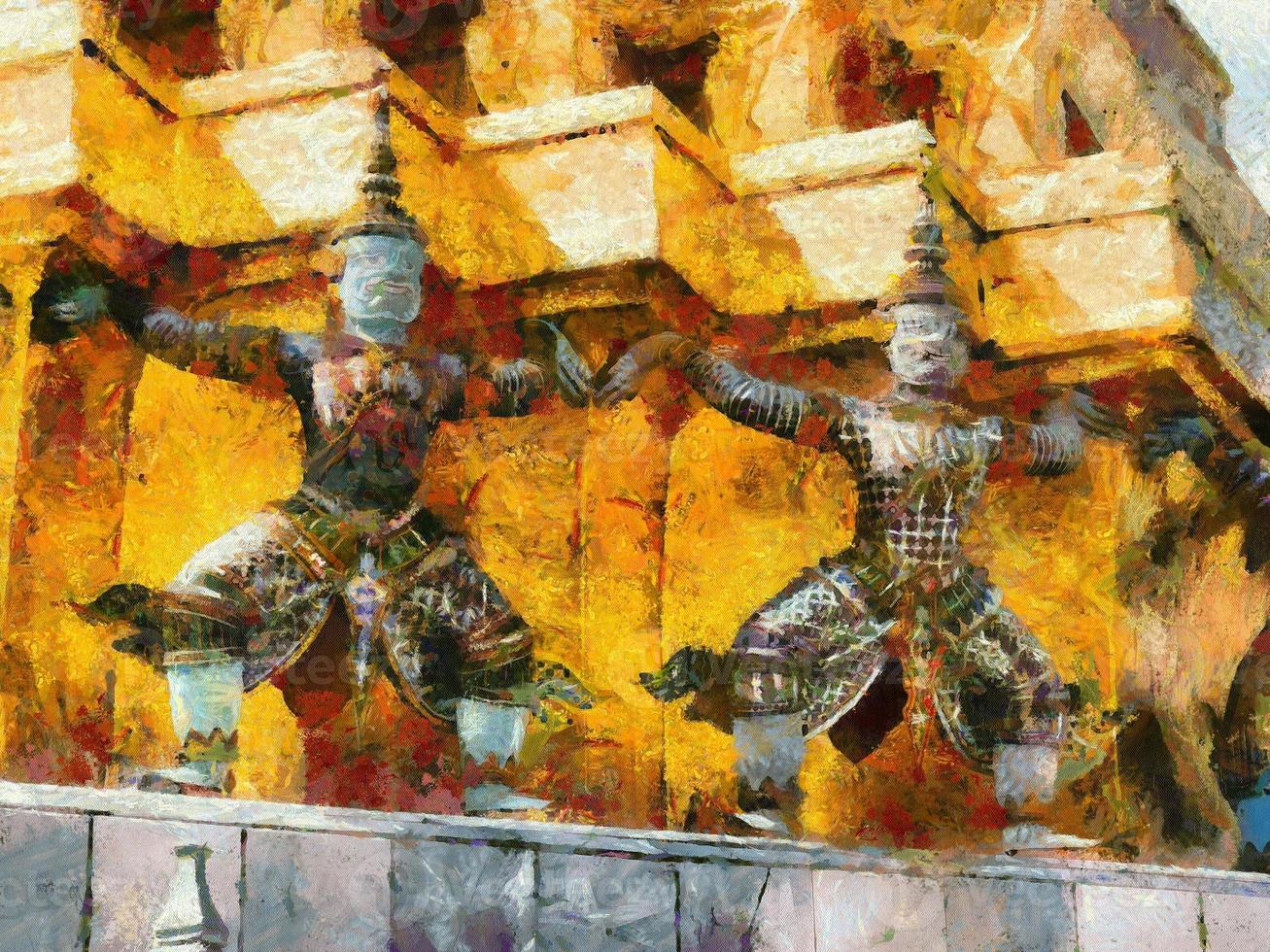 El templo de Phra Kaew y las ilustraciones del Gran Palacio de Bangkok crean un estilo de pintura impresionista. foto