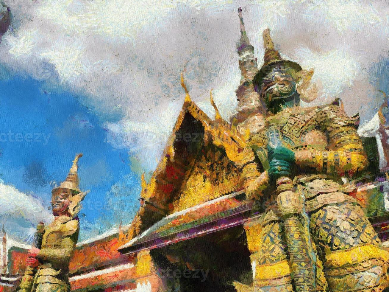 Phra Kaew Temple and the Grand Palace Bangkok Illustrations creates an impressionist style of painting. photo