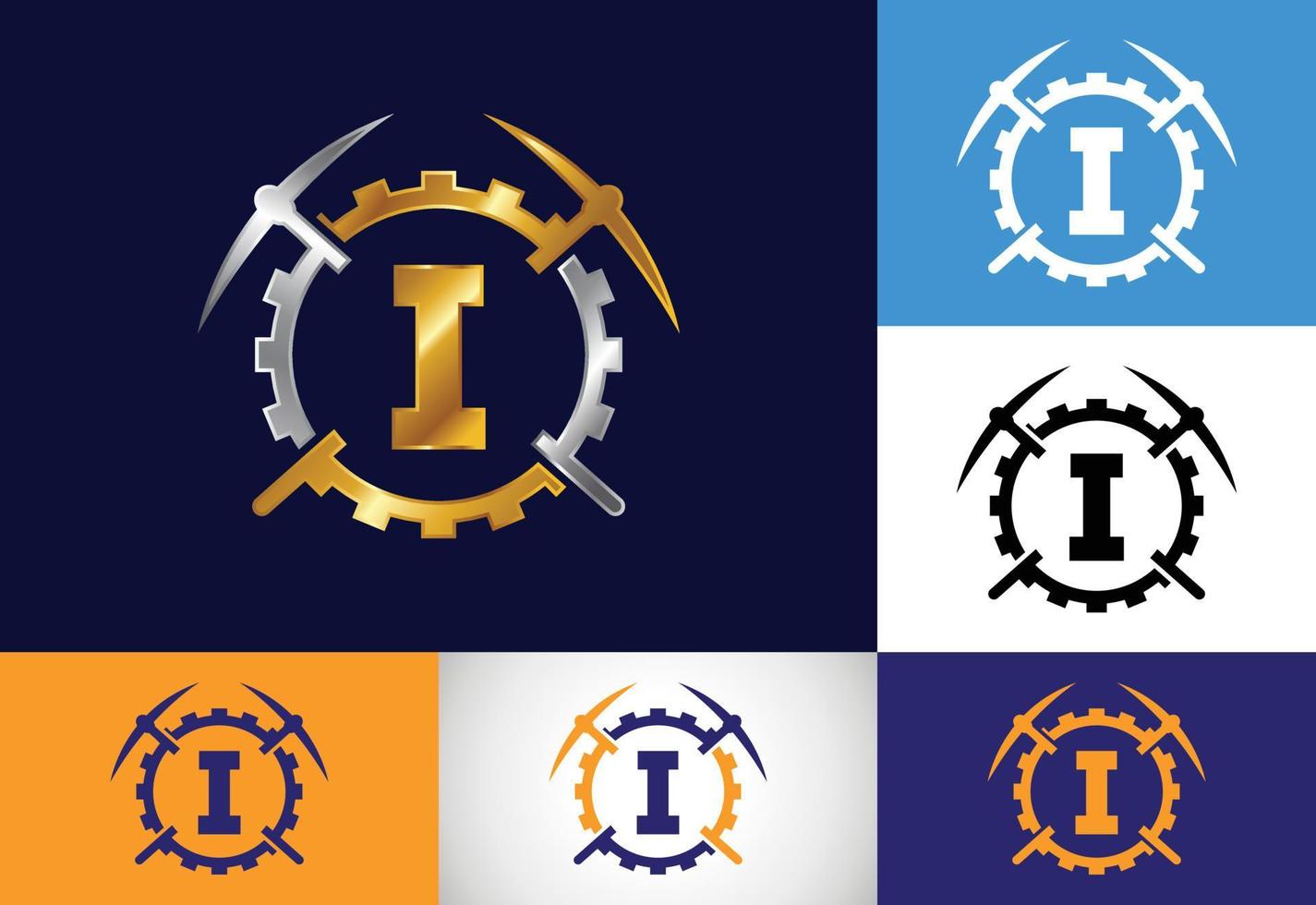 Initial I monogram letter alphabet with pickaxe and gear sign. Mining logo design concept. Modern vector logo for mining business and company identity.