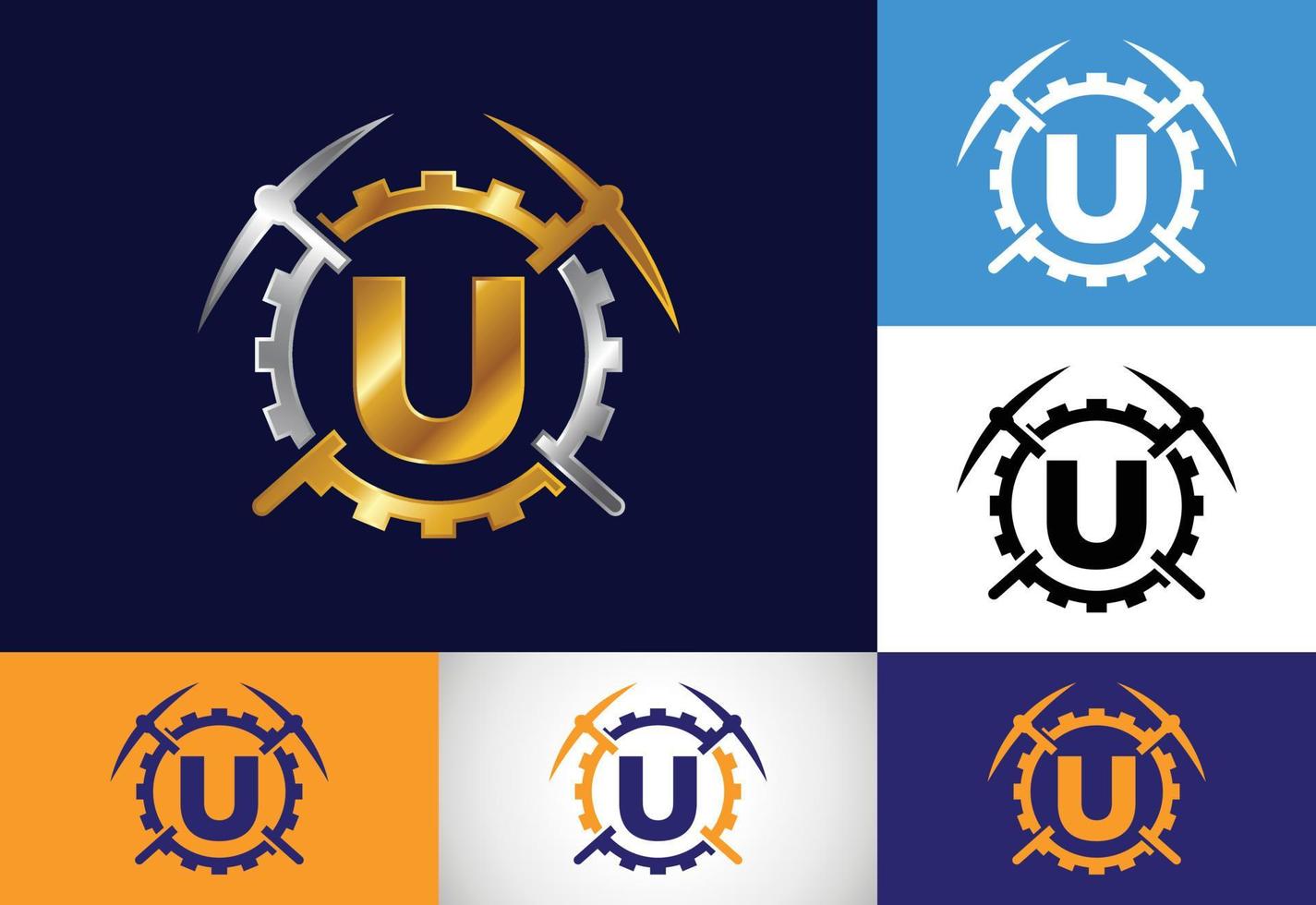 Initial U monogram letter alphabet with pickaxe and gear sign. Mining logo design concept. Modern vector logo for mining business and company identity.