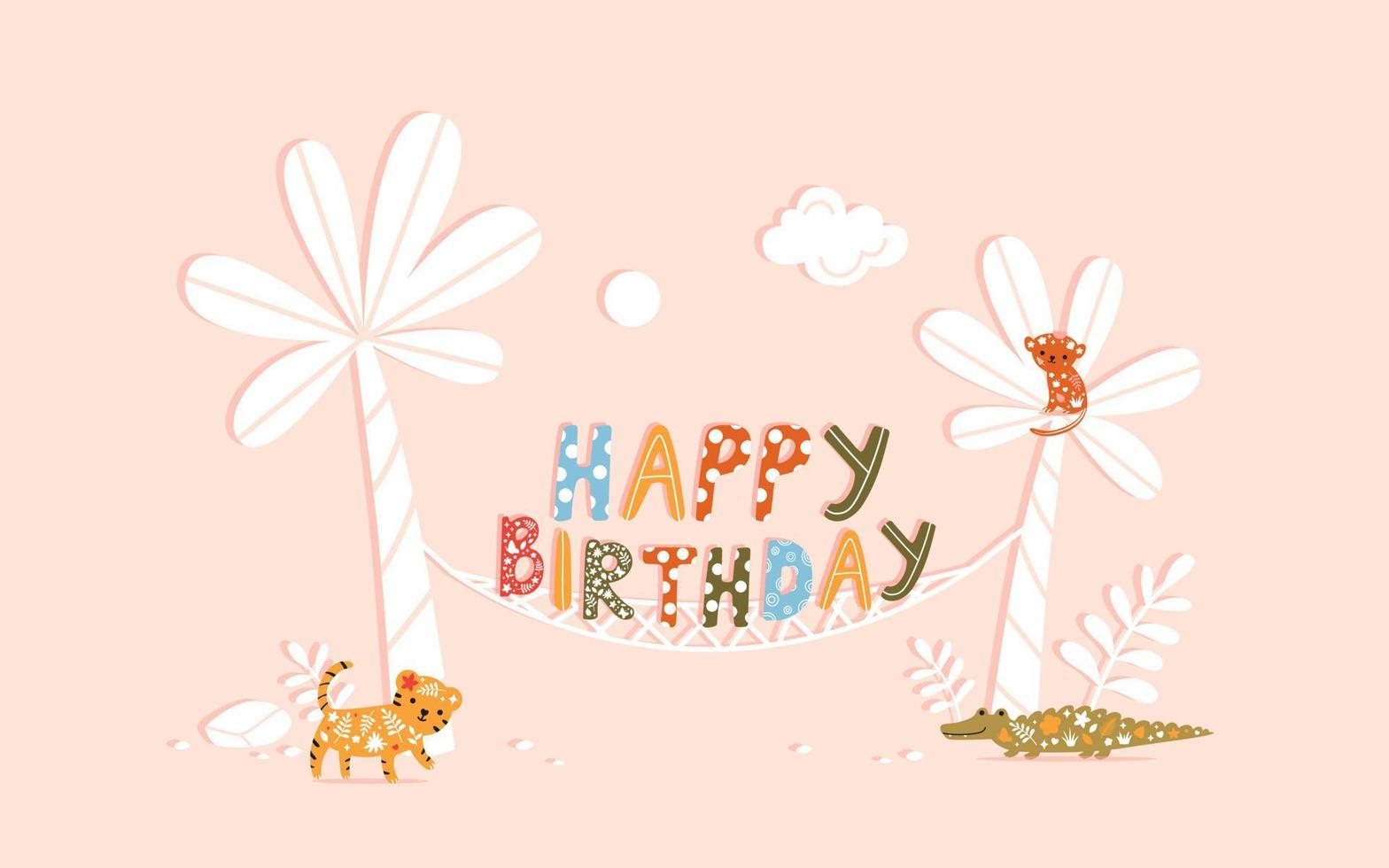 Stylish happy birthday card with funny tiger, monkey and crocodile. Vector illustration