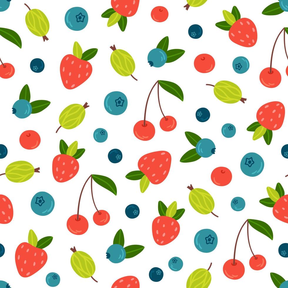 Cute summer pattern with strawberry, cherry, gooseberry and blueberry vector