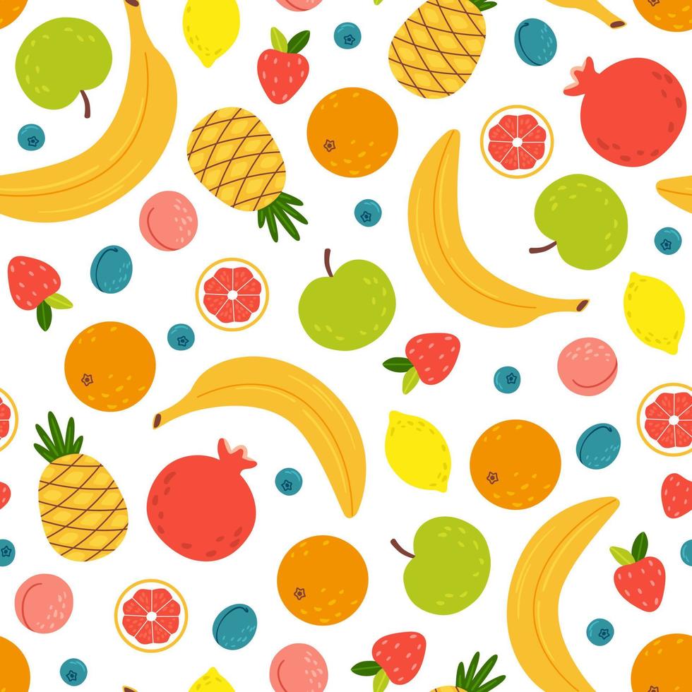 Banana, apple, orange, pineapple and lemon in cute seamless vector pattern. Funny food print on white background