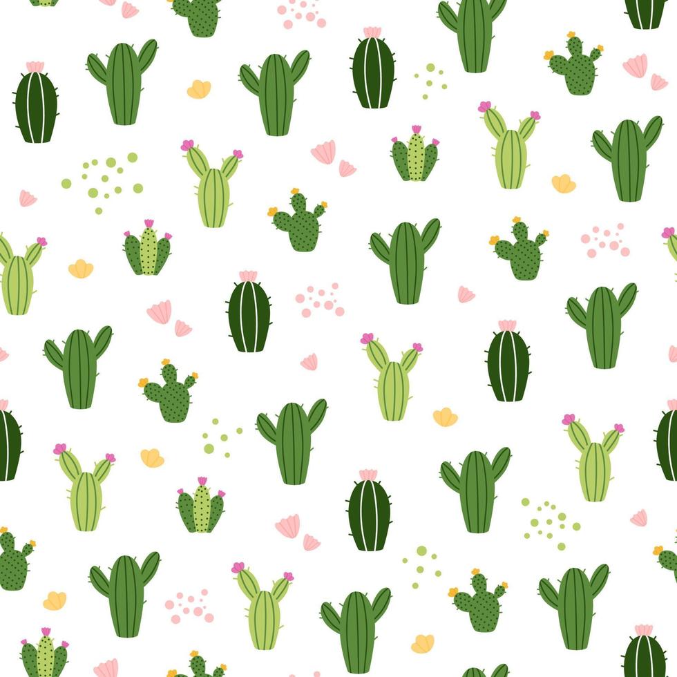 patrón de vector transparente divertido con flores de cactus tropicales