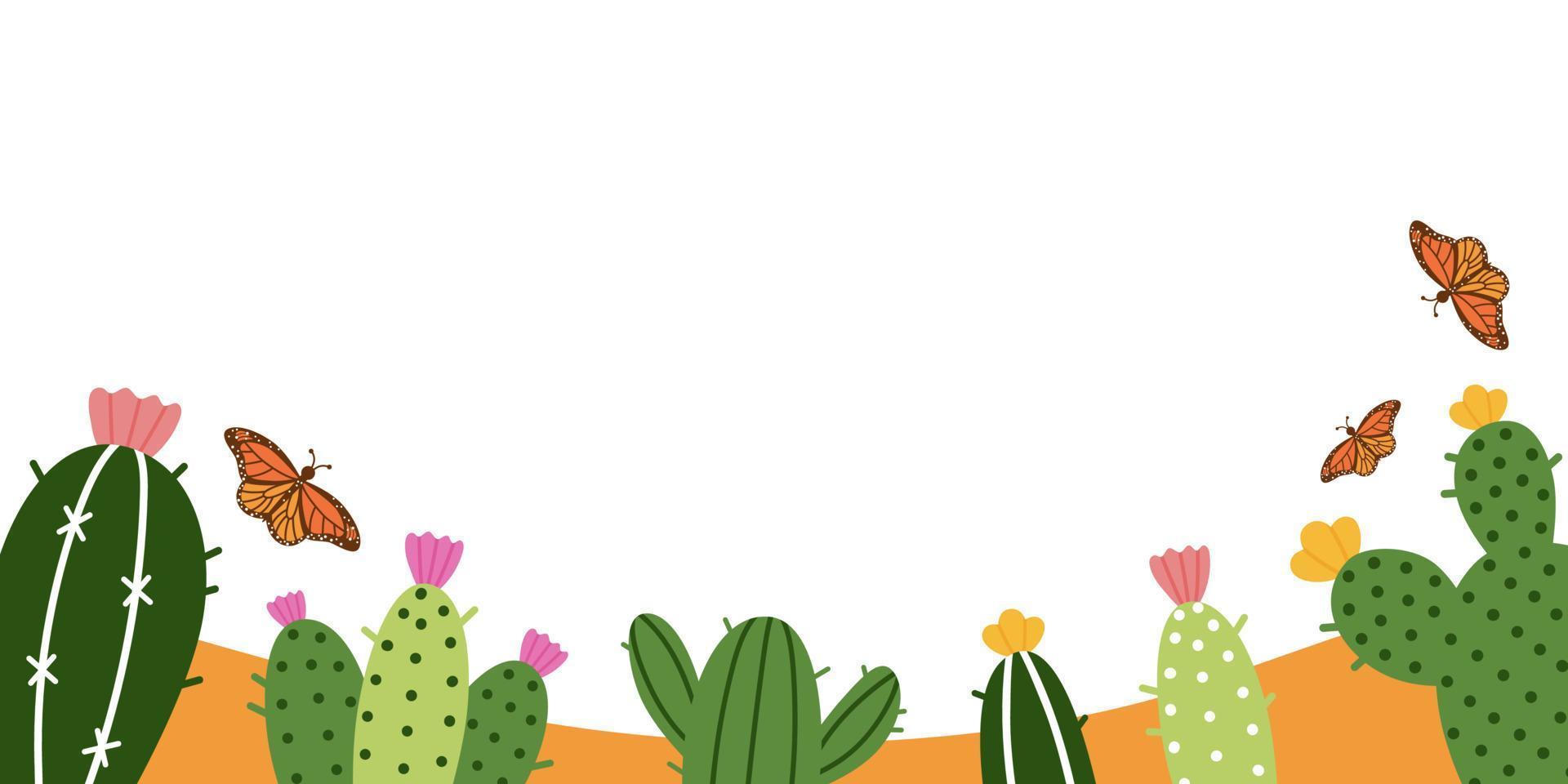 Bright vector banner with hand drawn cartoon cactuses, flowers and flying Monarch butterflies