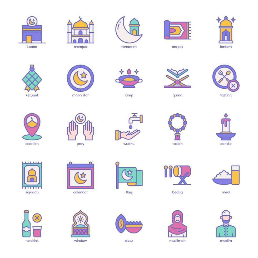 paquete de iconos islámicos para el diseño de su sitio web, logotipo, aplicación, ui. diseño de color lleno de iconos islámicos. ilustración de gráficos vectoriales y trazo editable. vector