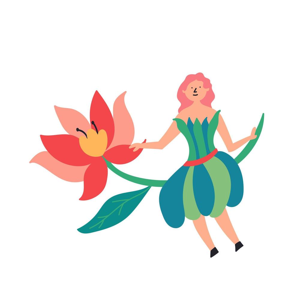 Fairy-tale character fairy sitting on a flower sprig. Fairytales vector