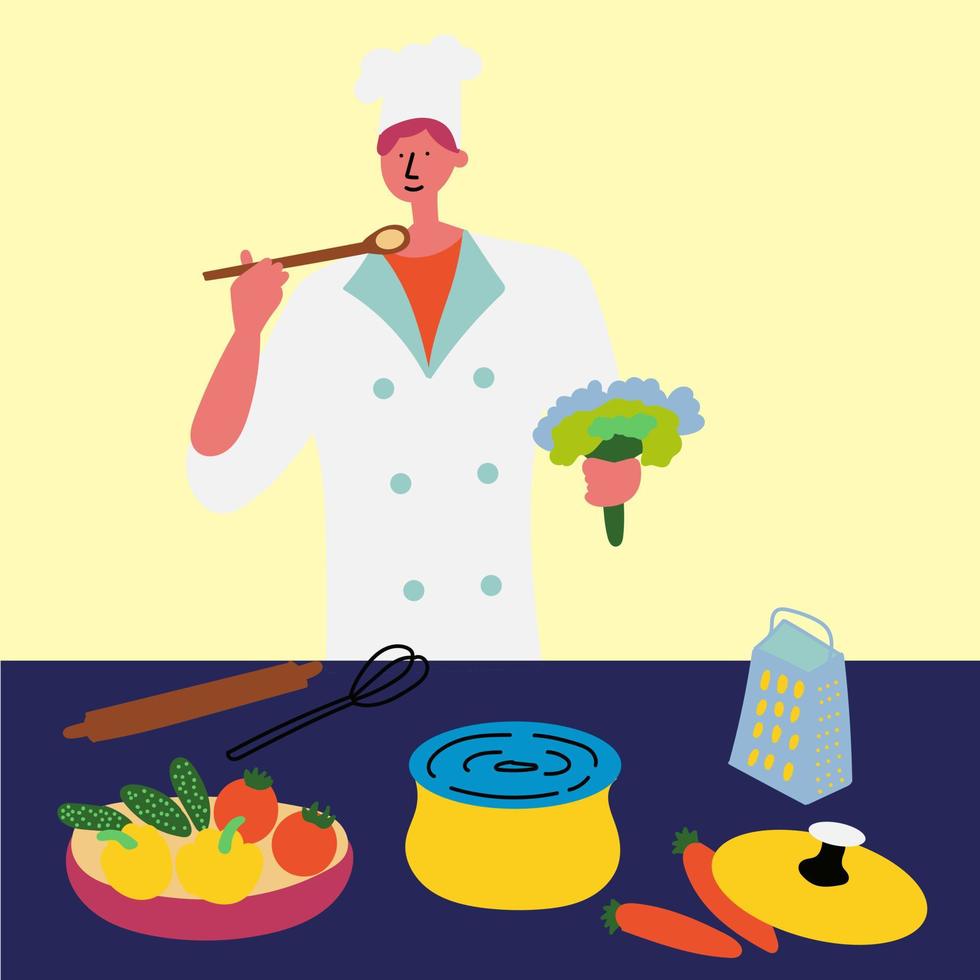 The cook guy prepares healthy vegetable soup. Healthy food vector