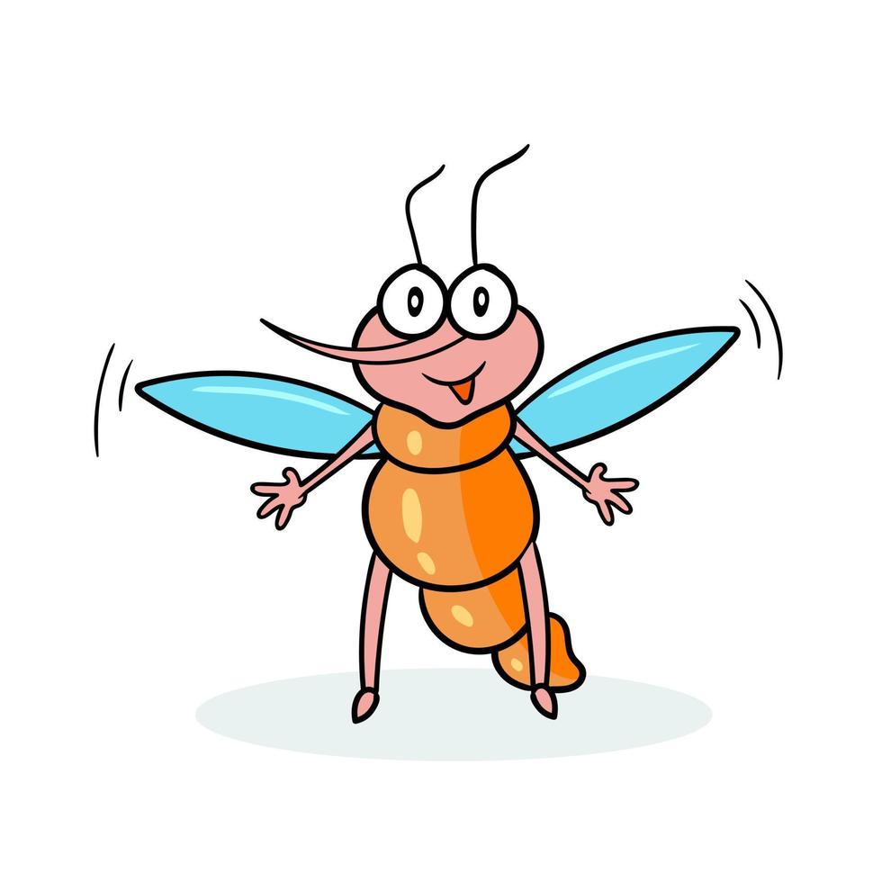Cartoon character of a mosquito with a black outline smiles and wants to hug vector