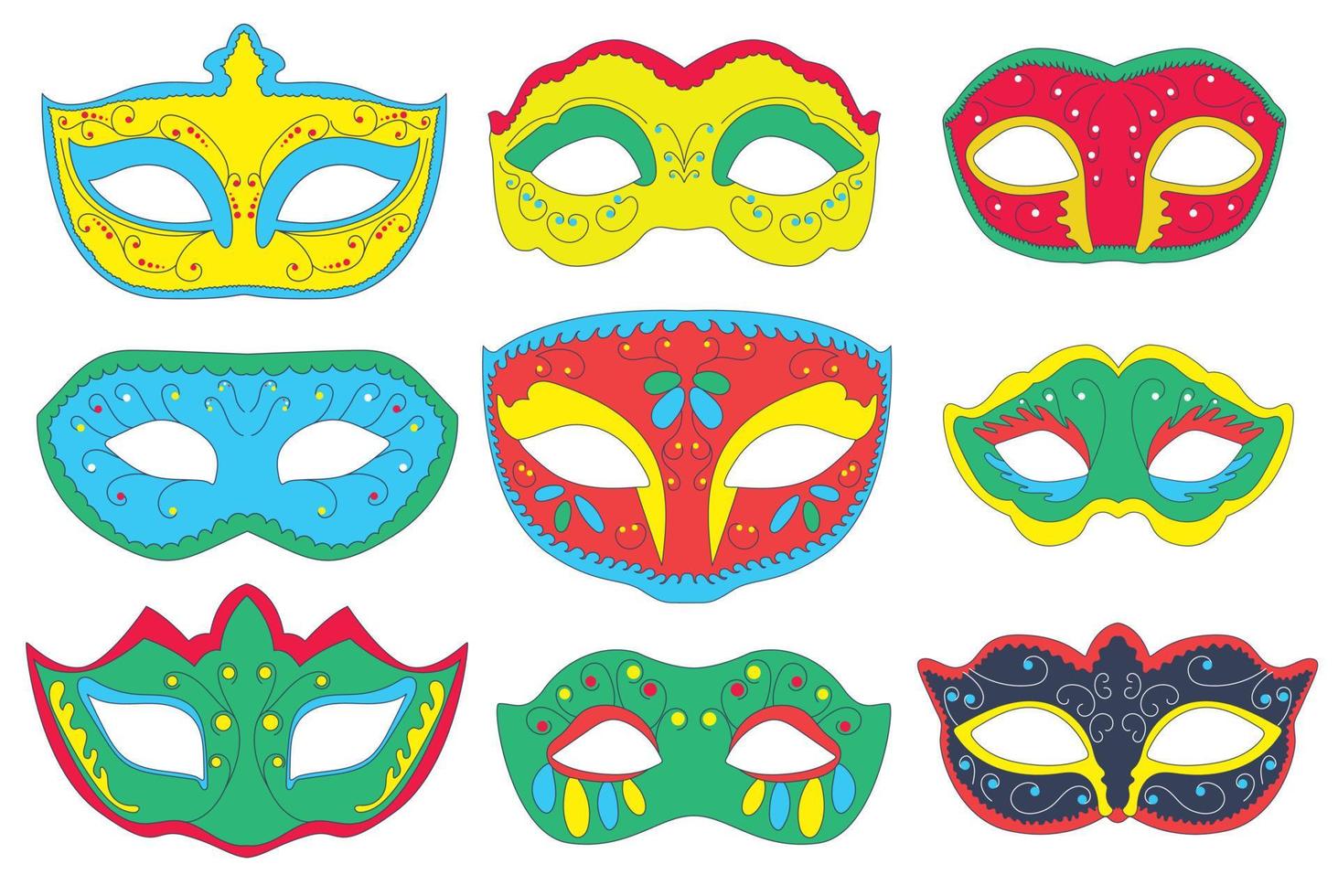 paquete de máscaras de carnaval. máscaras faciales de colores brillantes vector