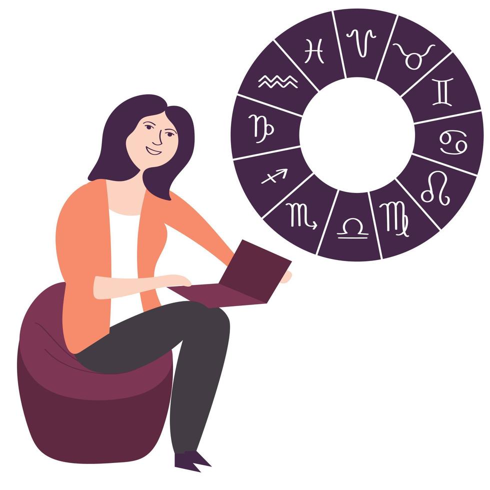 A girl looks at the Internet forecast astrology. Natal personal card. Mystical future. Occultism vector