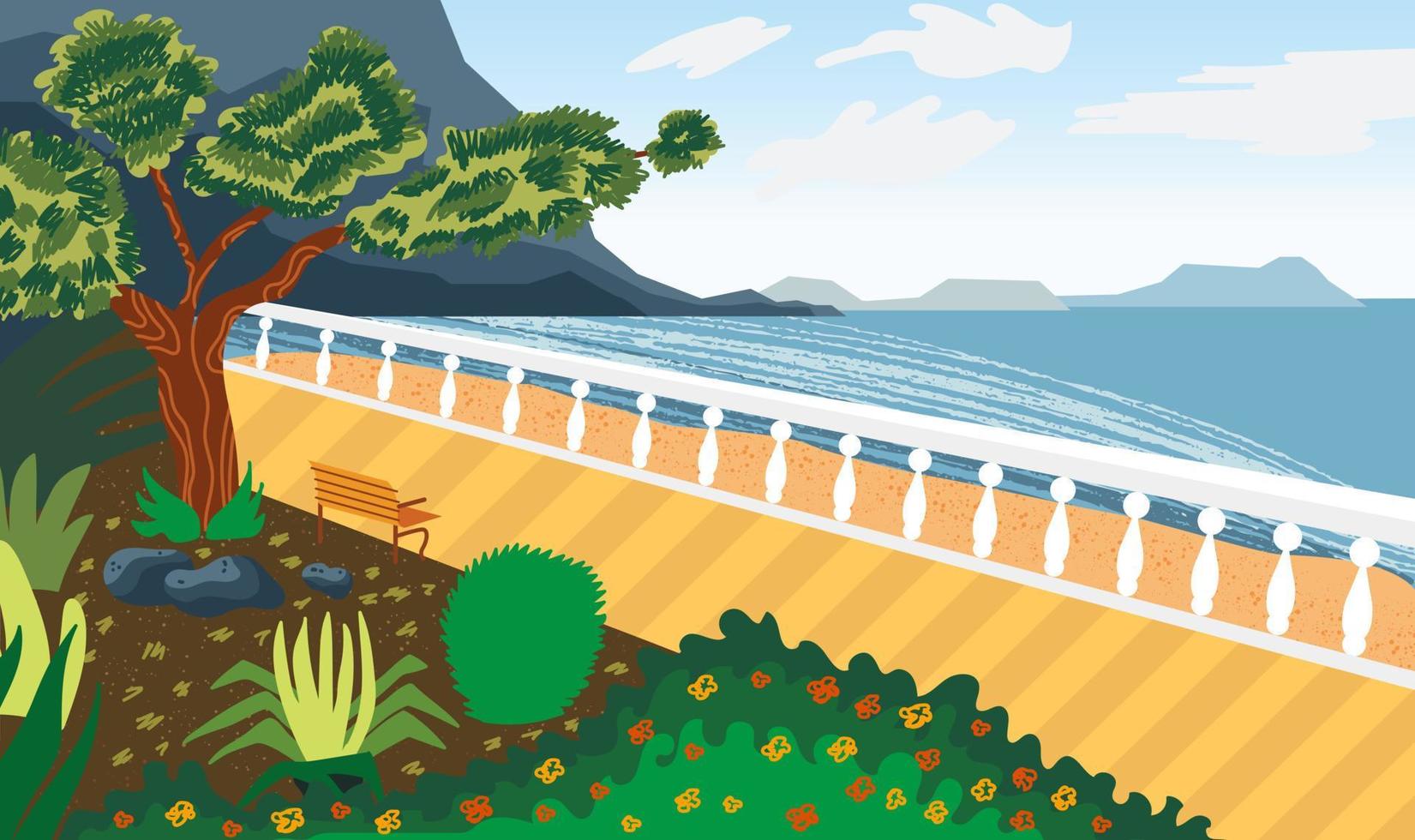 Landscape by the sea. Seafront. Imitation of watercolor. Summer landscape vector