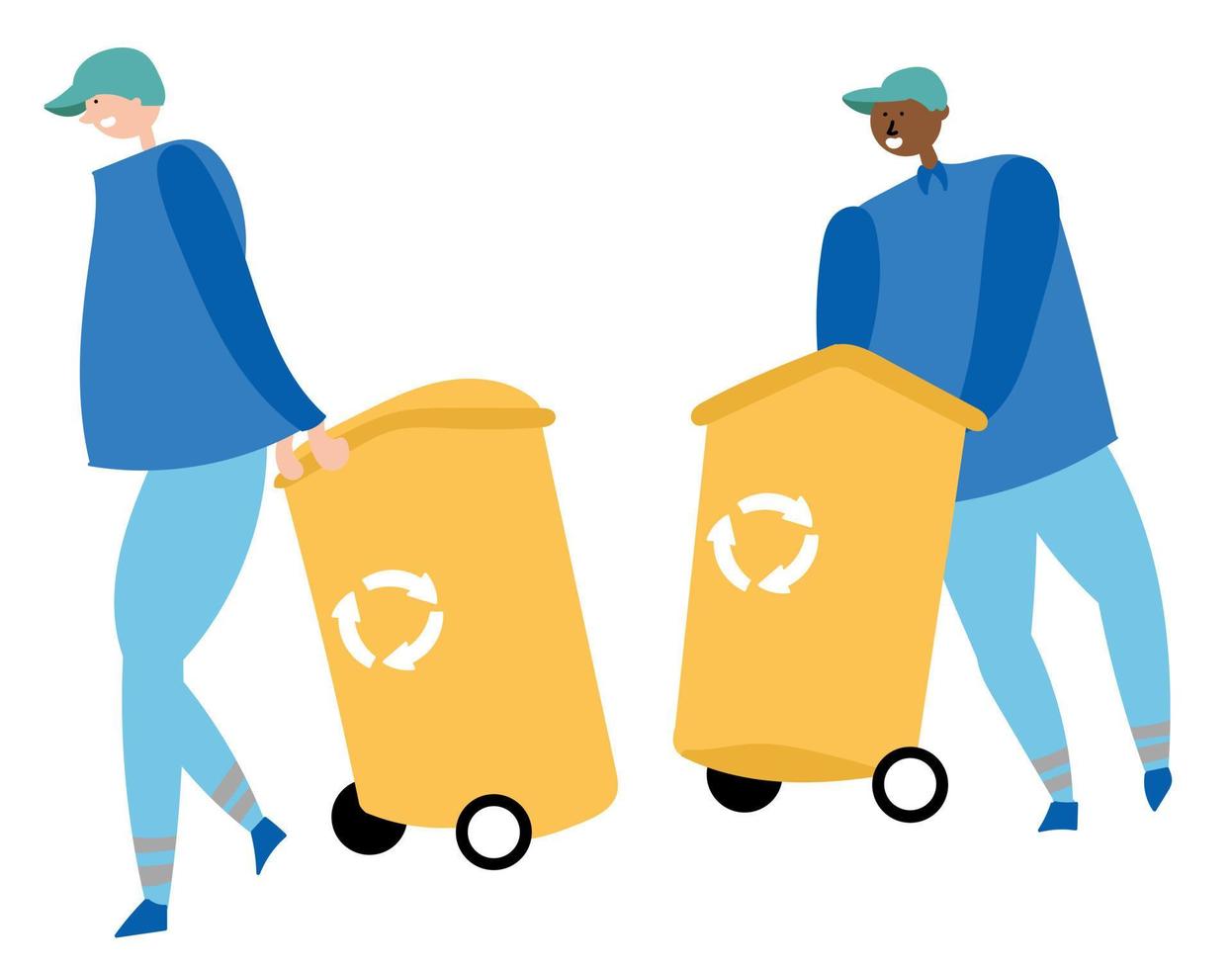 Workers collect garbage and carry containers for recycling. Waste reduction vector