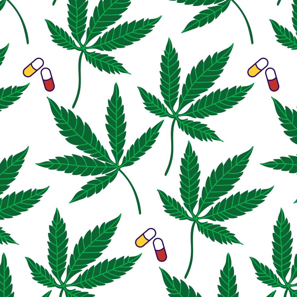 Cannabis leaf with pills pattern. Plant background. CBD medicinal oil vector