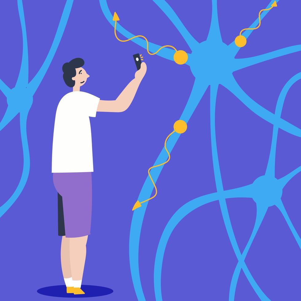 The guy takes pictures of artificial neurons. Communication transfer. Artificial intelligence vector