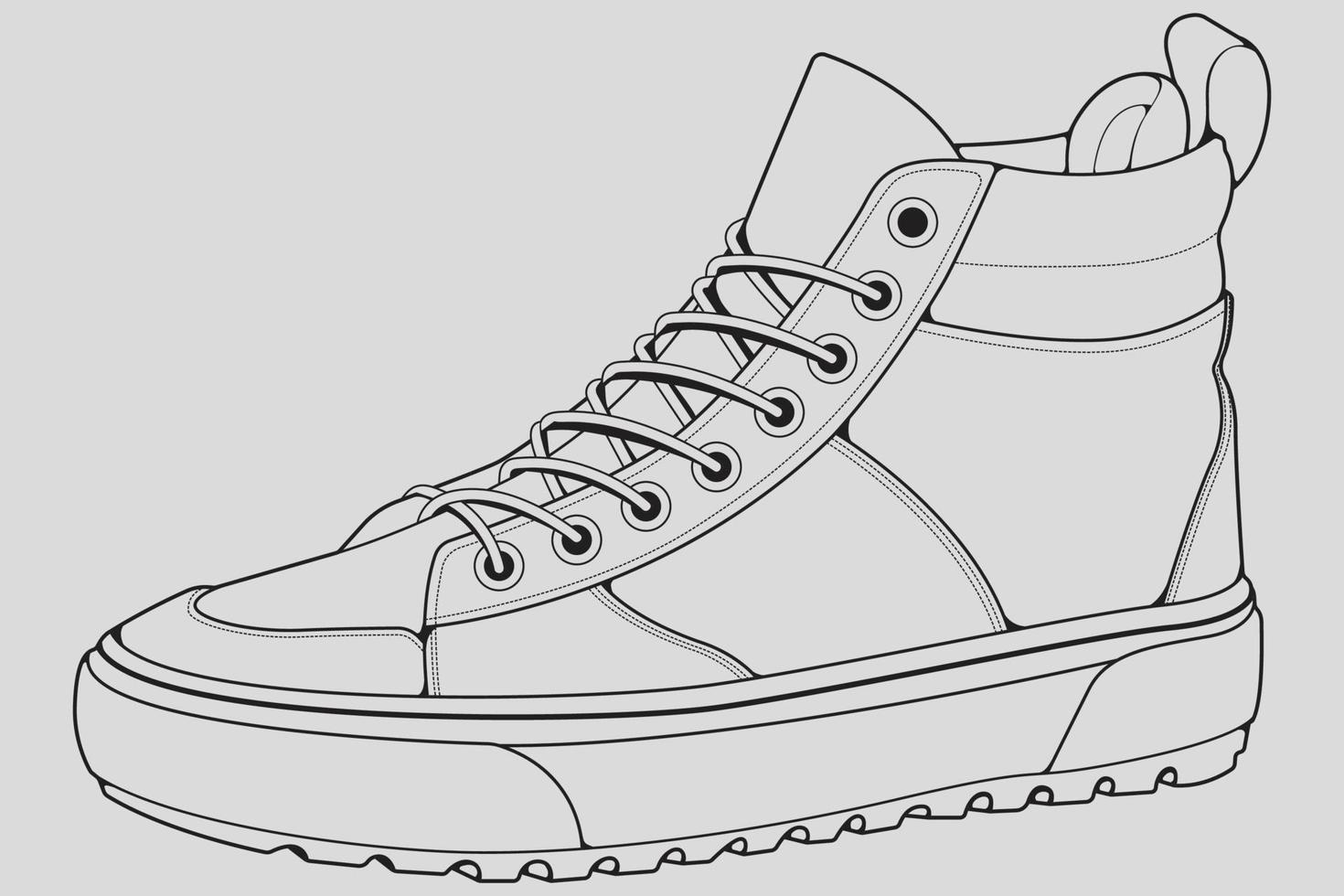 vector de dibujo de contorno de zapatillas de deporte, zapatillas dibujadas en un estilo de boceto, contorno de plantilla de zapatillas de deporte de línea negra, ilustración vectorial.