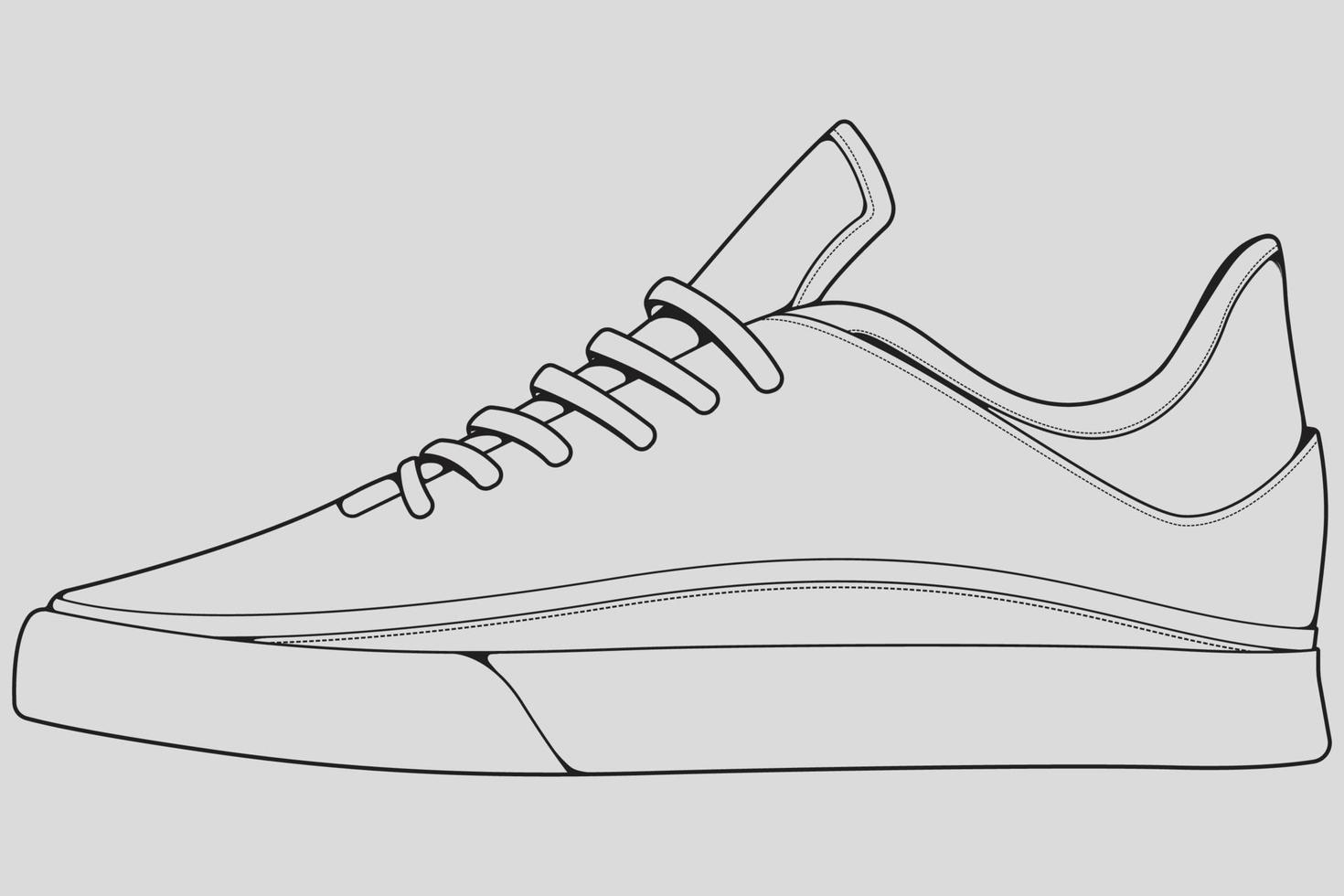 vector de dibujo de contorno de zapatillas de deporte, zapatillas dibujadas en un estilo de boceto, contorno de plantilla de zapatillas de deporte de línea negra, ilustración vectorial.