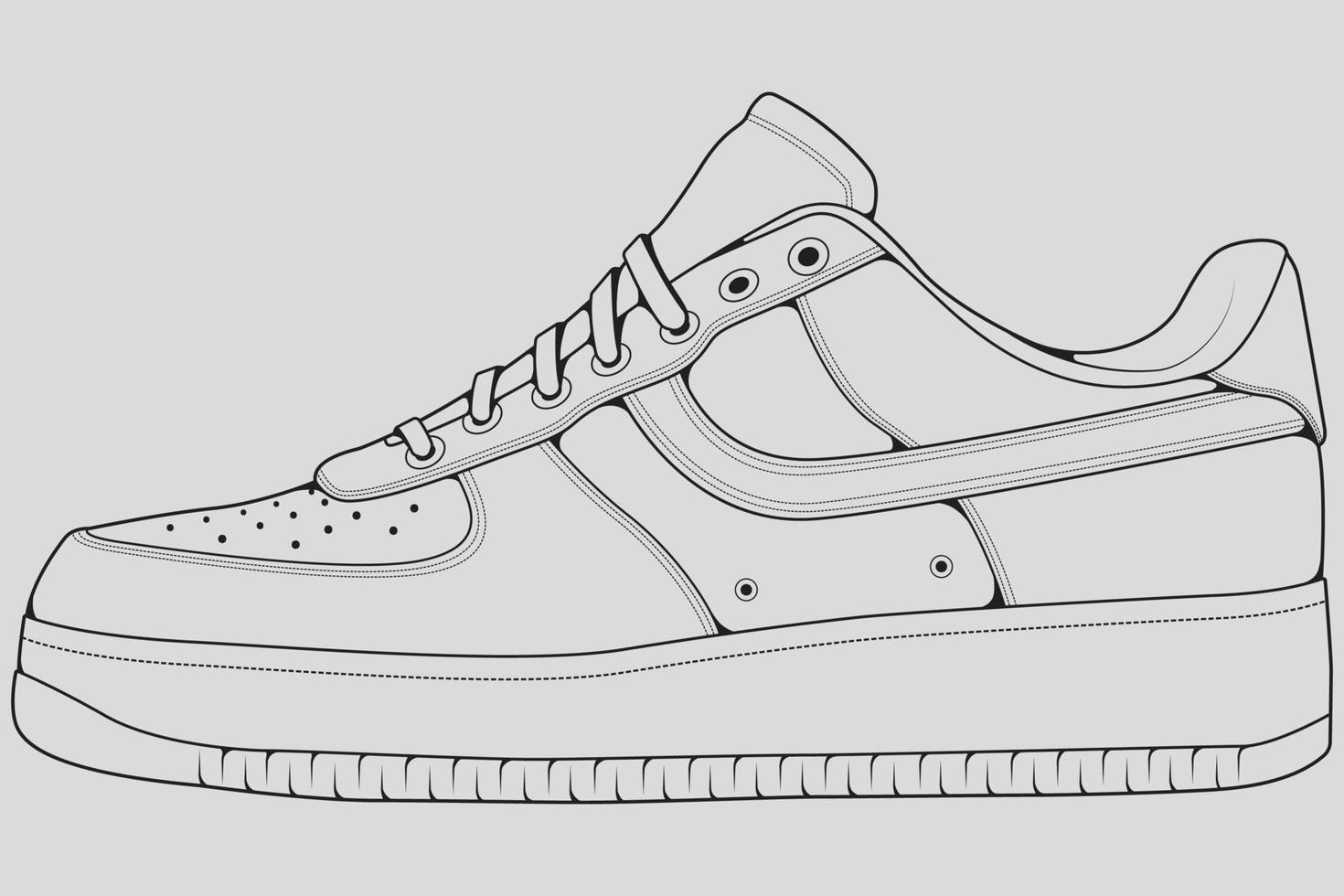 Shoes sneaker outline drawing vector, Sneakers drawn in a sketch style, black line sneaker trainers template outline, vector Illustration.