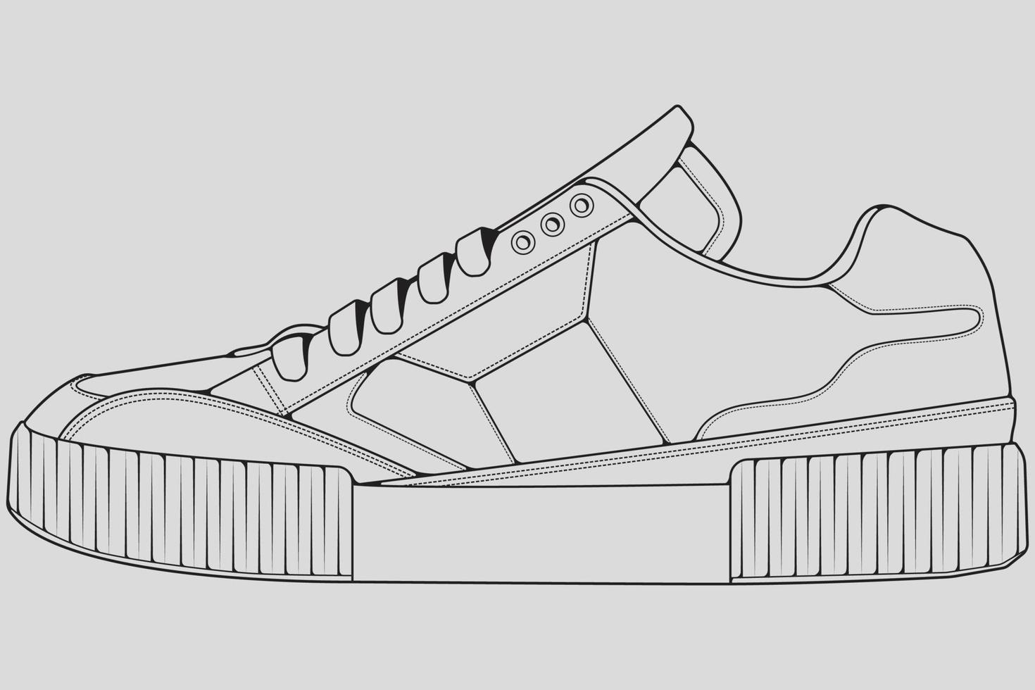 Shoes sneaker outline drawing vector, Sneakers drawn in a sketch style, black line sneaker trainers template outline, vector Illustration.