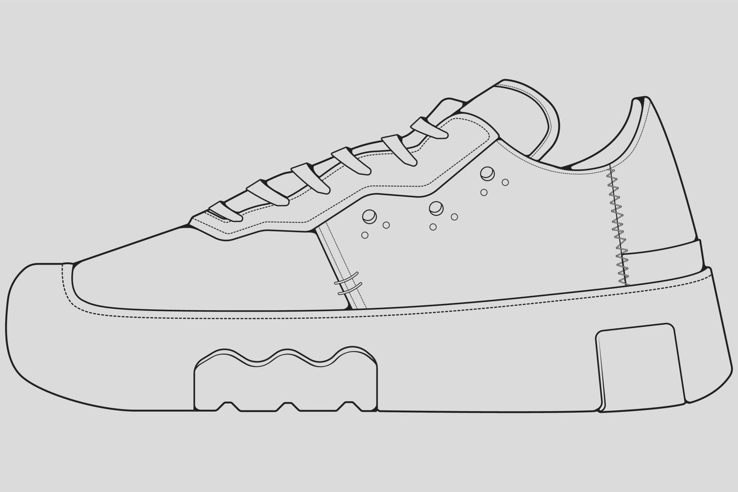 Shoes sneaker outline drawing vector, Sneakers drawn in a sketch style, black line sneaker trainers template outline, vector Illustration.