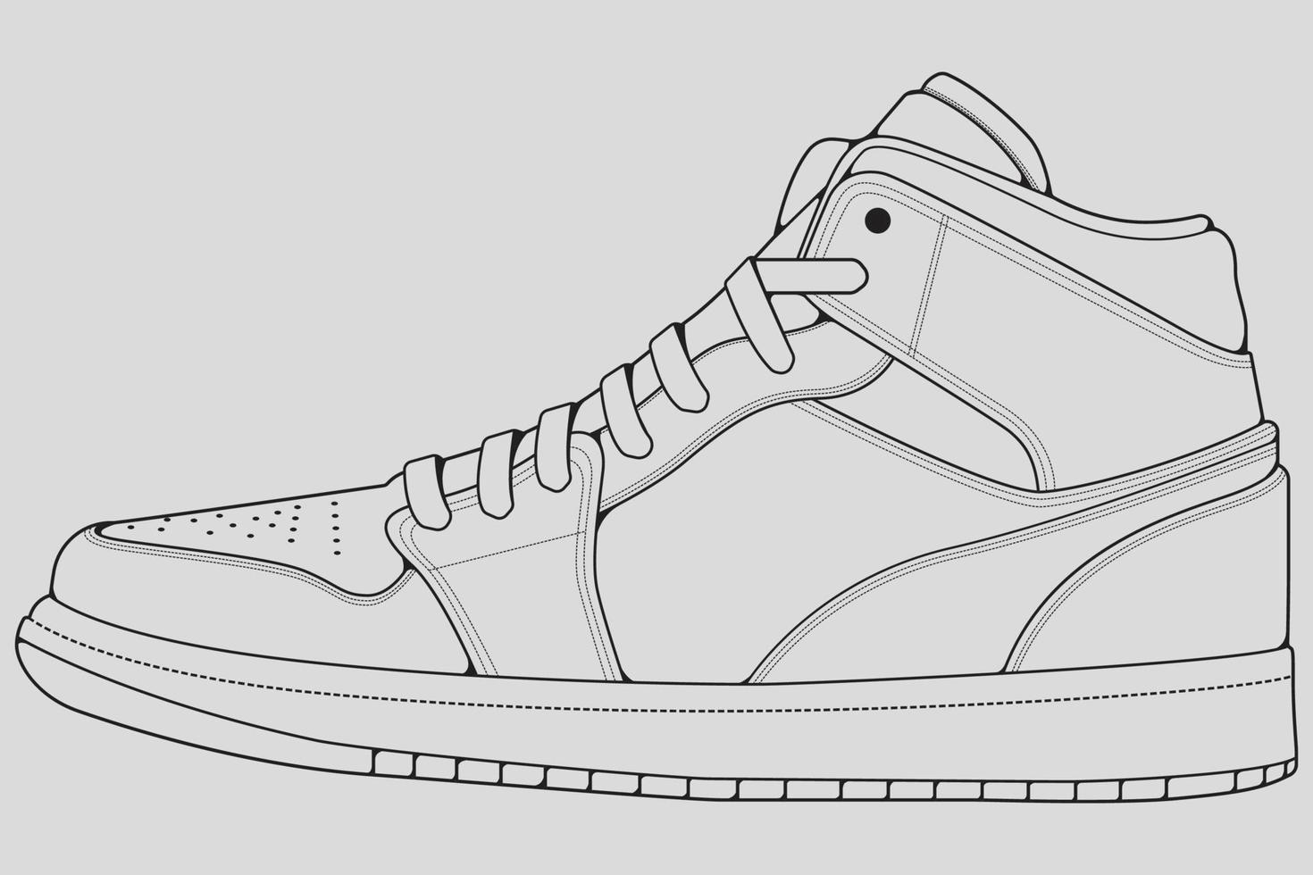 vector de dibujo de contorno de zapatillas de deporte, zapatillas dibujadas en un estilo de boceto, contorno de plantilla de zapatillas de deporte de línea negra, ilustración vectorial.