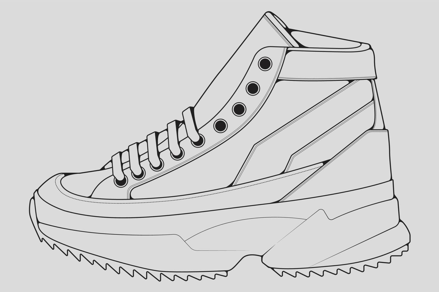 vector de dibujo de contorno de zapatillas de deporte, zapatillas dibujadas en un estilo de boceto, contorno de plantilla de zapatillas de deporte de línea negra, ilustración vectorial.