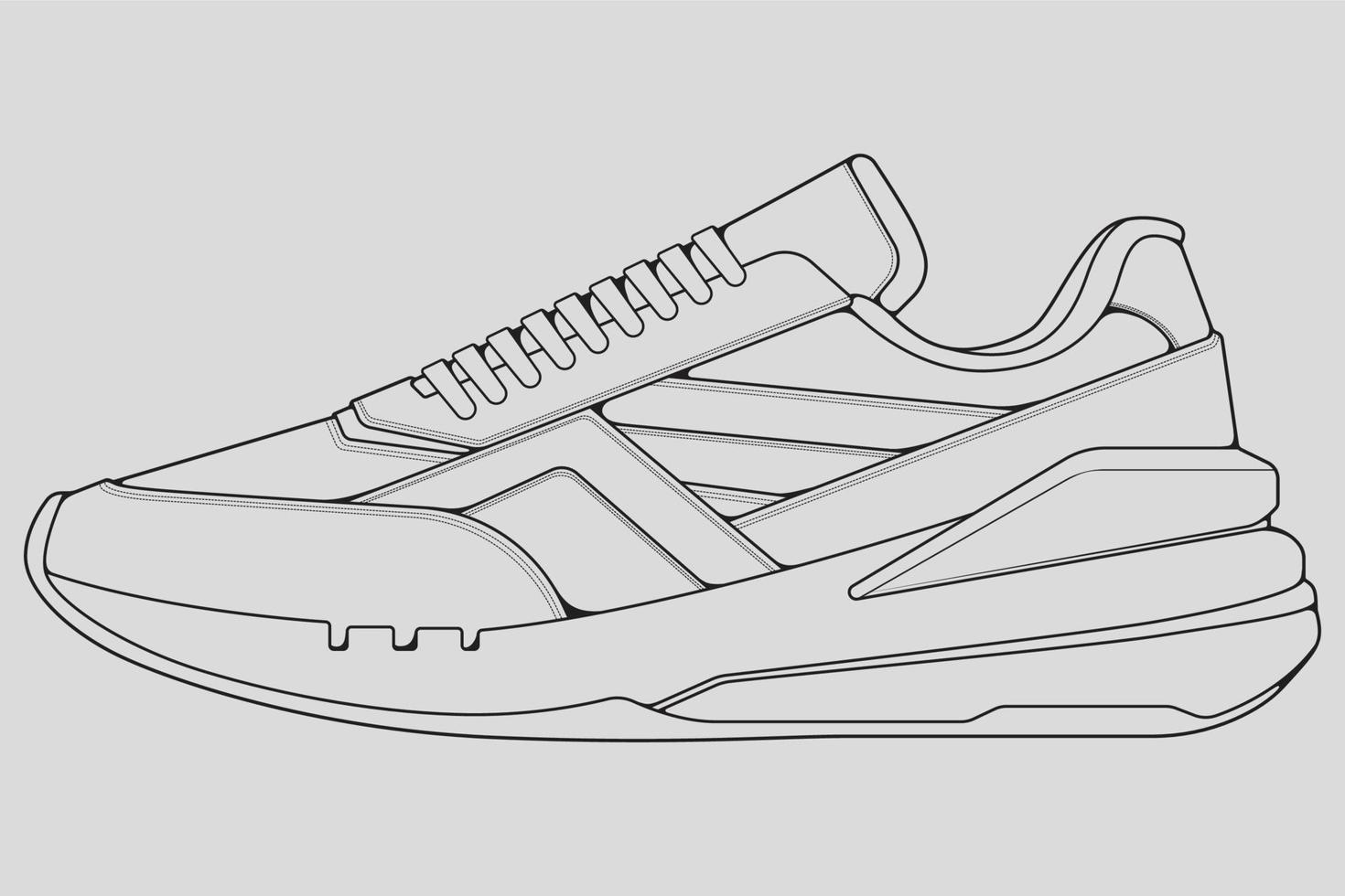 Shoes sneaker outline drawing vector, Sneakers drawn in a sketch style, black line sneaker trainers template outline, vector Illustration.