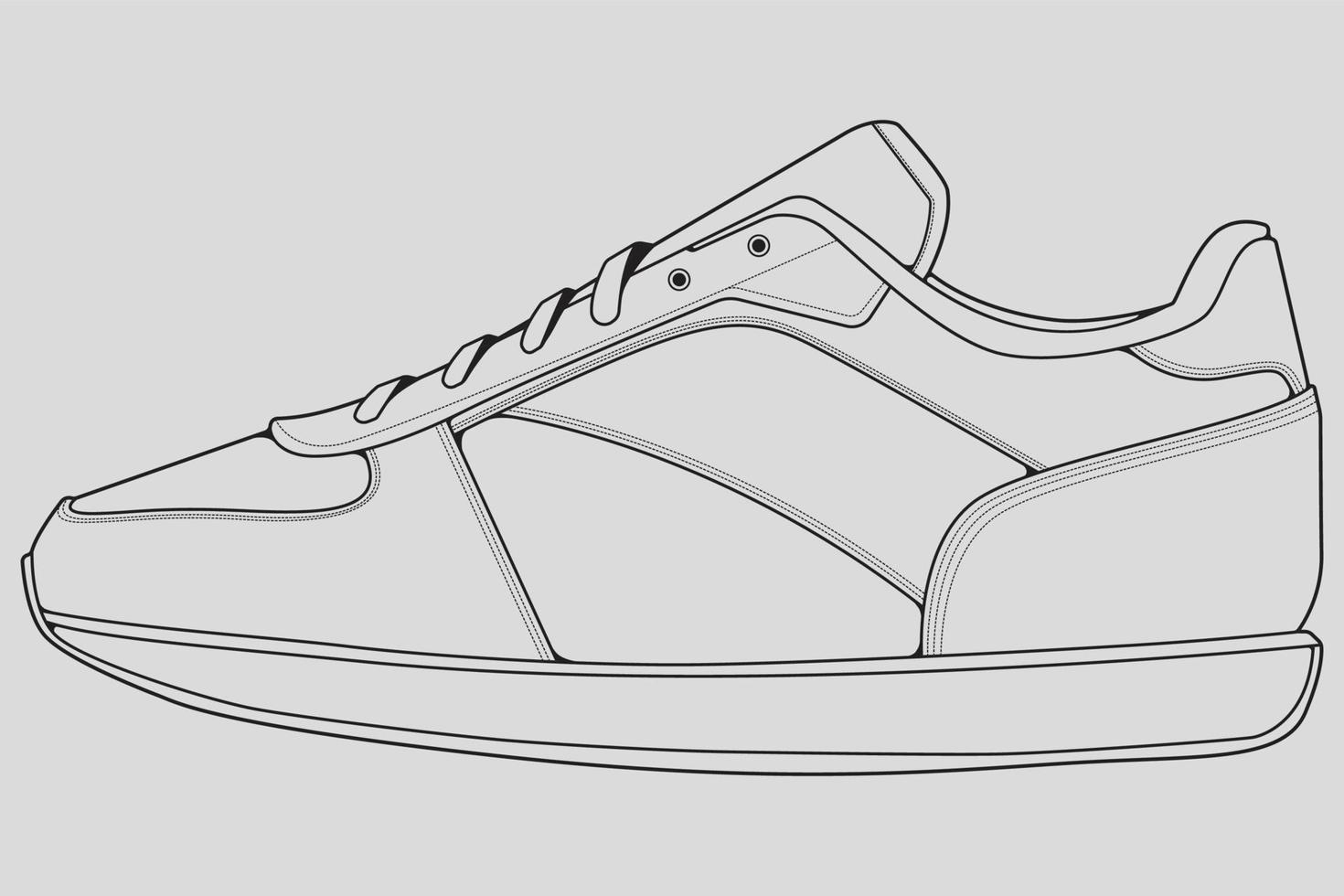 Shoes sneaker outline drawing vector, Sneakers drawn in a sketch style, black line sneaker trainers template outline, vector Illustration.