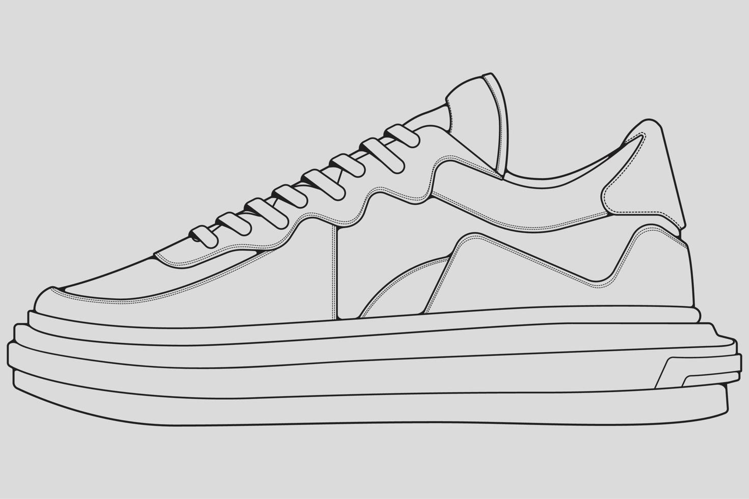 Shoes sneaker outline drawing vector, Sneakers drawn in a sketch style, black line sneaker trainers template outline, vector Illustration.