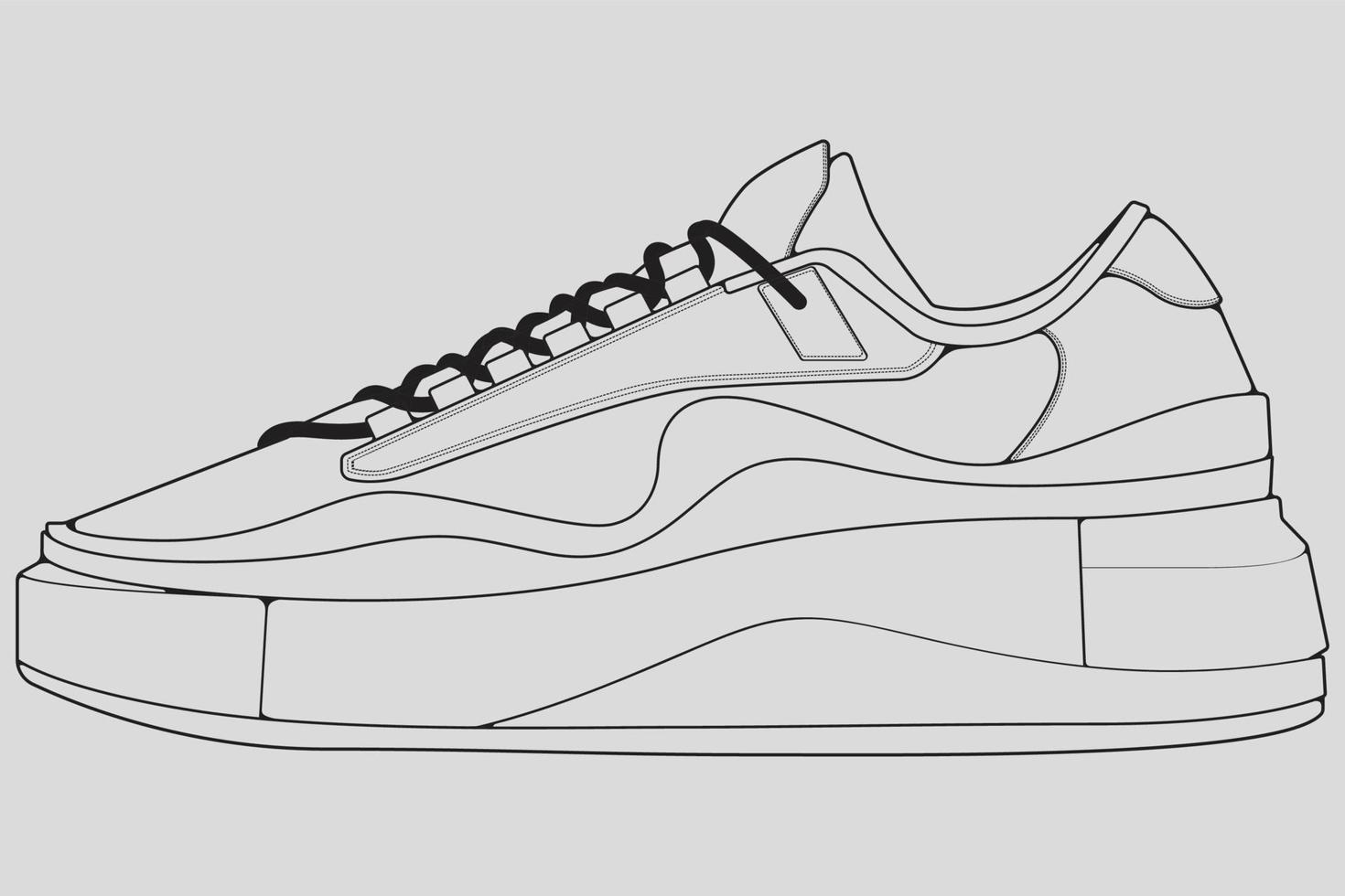 Shoes sneaker outline drawing vector, Sneakers drawn in a sketch style, black line sneaker trainers template outline, vector Illustration.