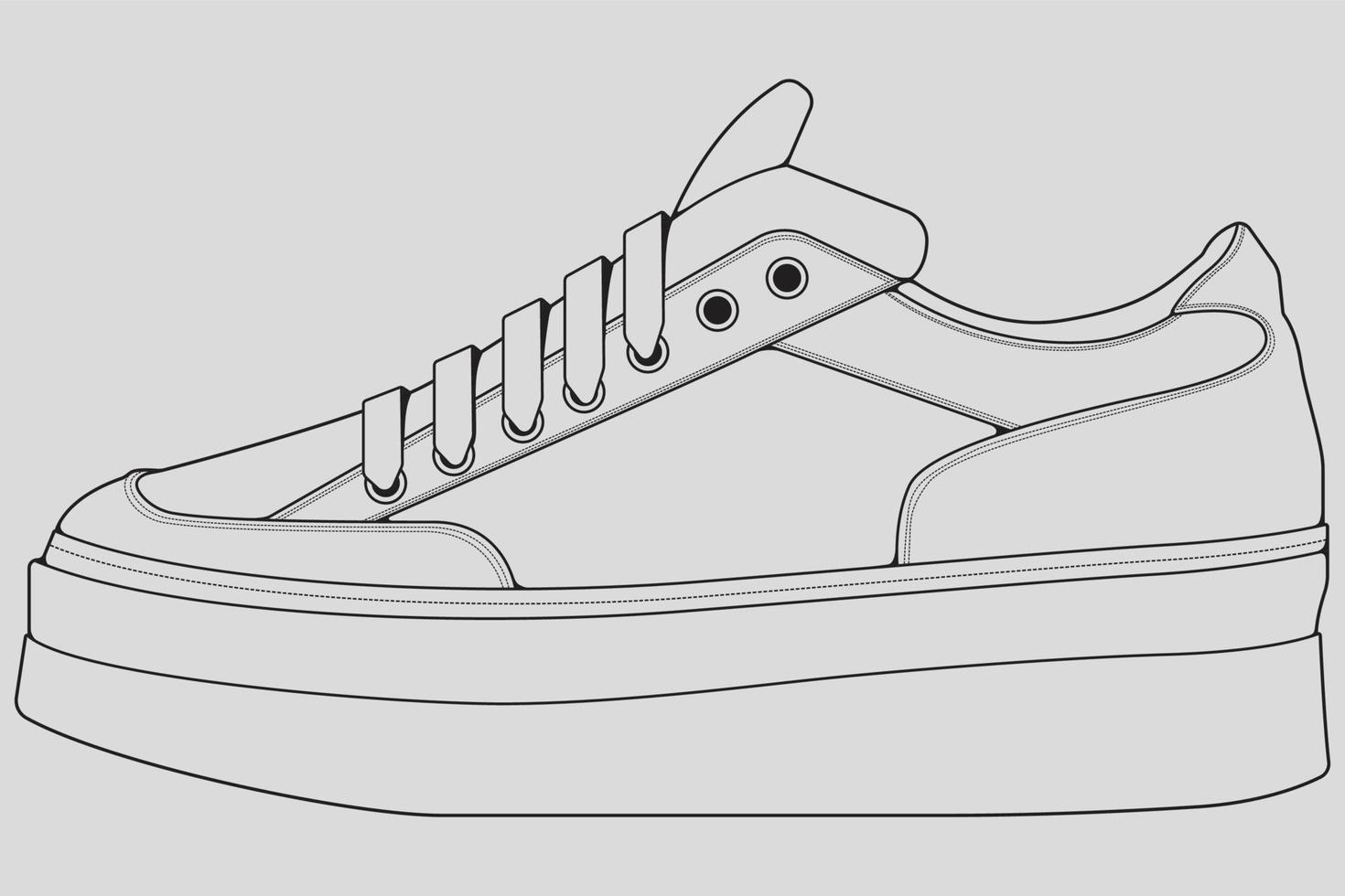 Shoes sneaker outline drawing vector, Sneakers drawn in a sketch style, black line sneaker trainers template outline, vector Illustration.