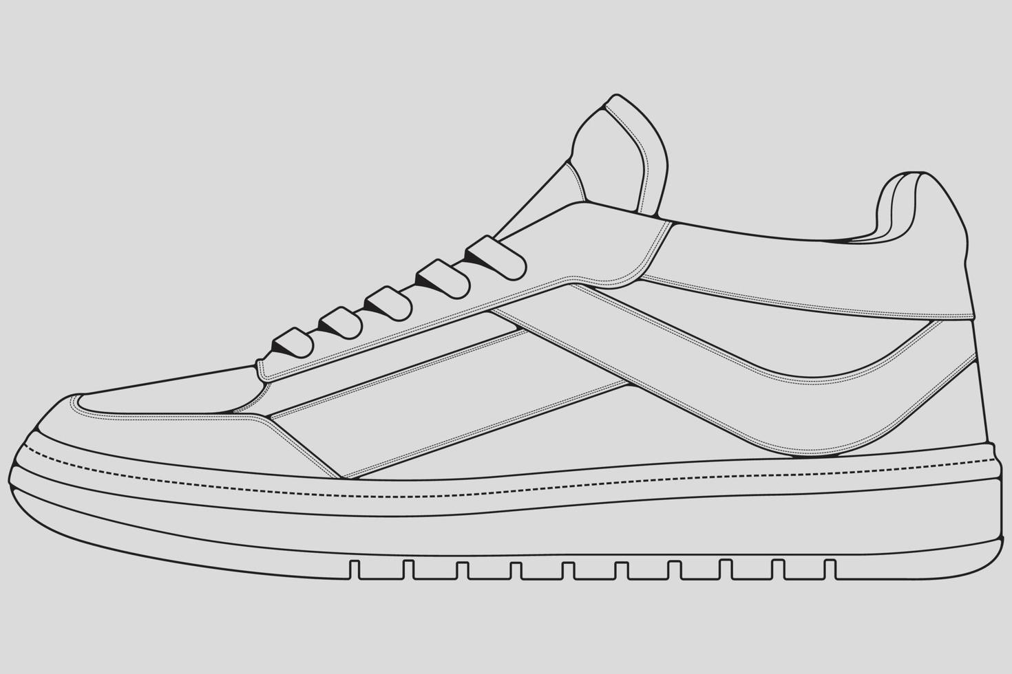 Shoes sneaker outline drawing vector, Sneakers drawn in a sketch style, black line sneaker trainers template outline, vector Illustration.