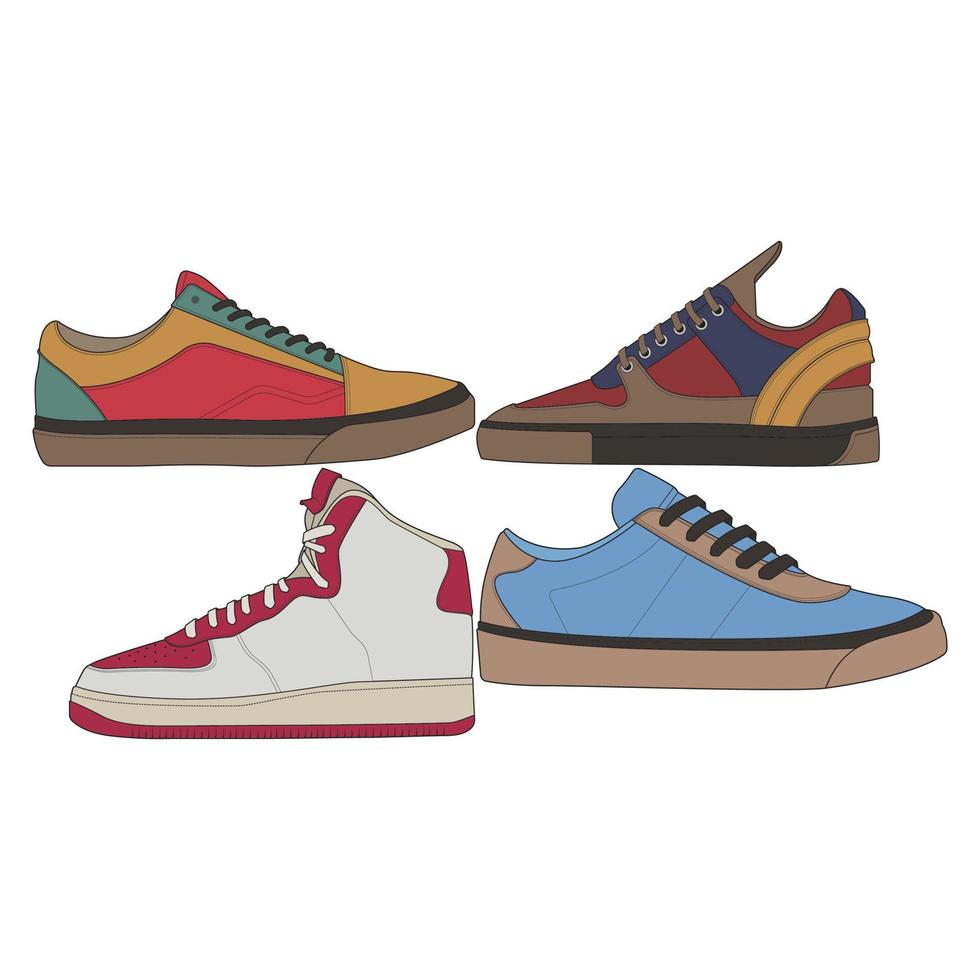 conjunto de zapatillas geniales. vector de dibujo de zapatillas de deporte, zapatillas dibujadas en un estilo de boceto, plantilla de entrenadores de zapatillas, colección de conjuntos. ilustración vectorial