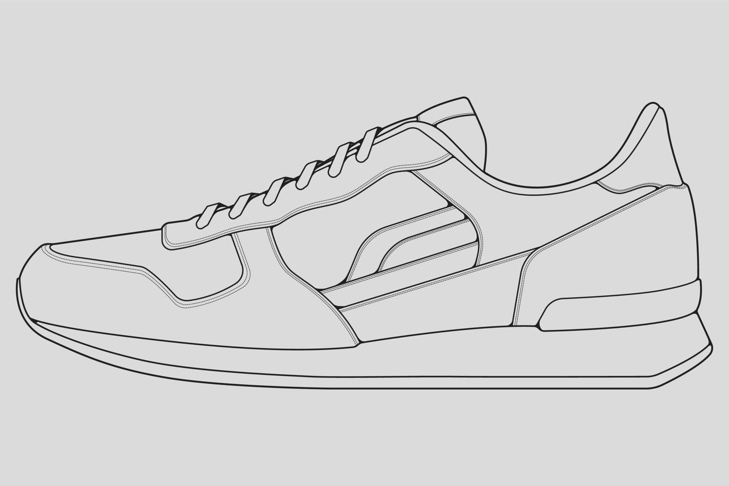 vector de dibujo de contorno de zapatillas de deporte, zapatillas dibujadas en un estilo de boceto, contorno de plantilla de zapatillas de deporte de línea negra, ilustración vectorial.