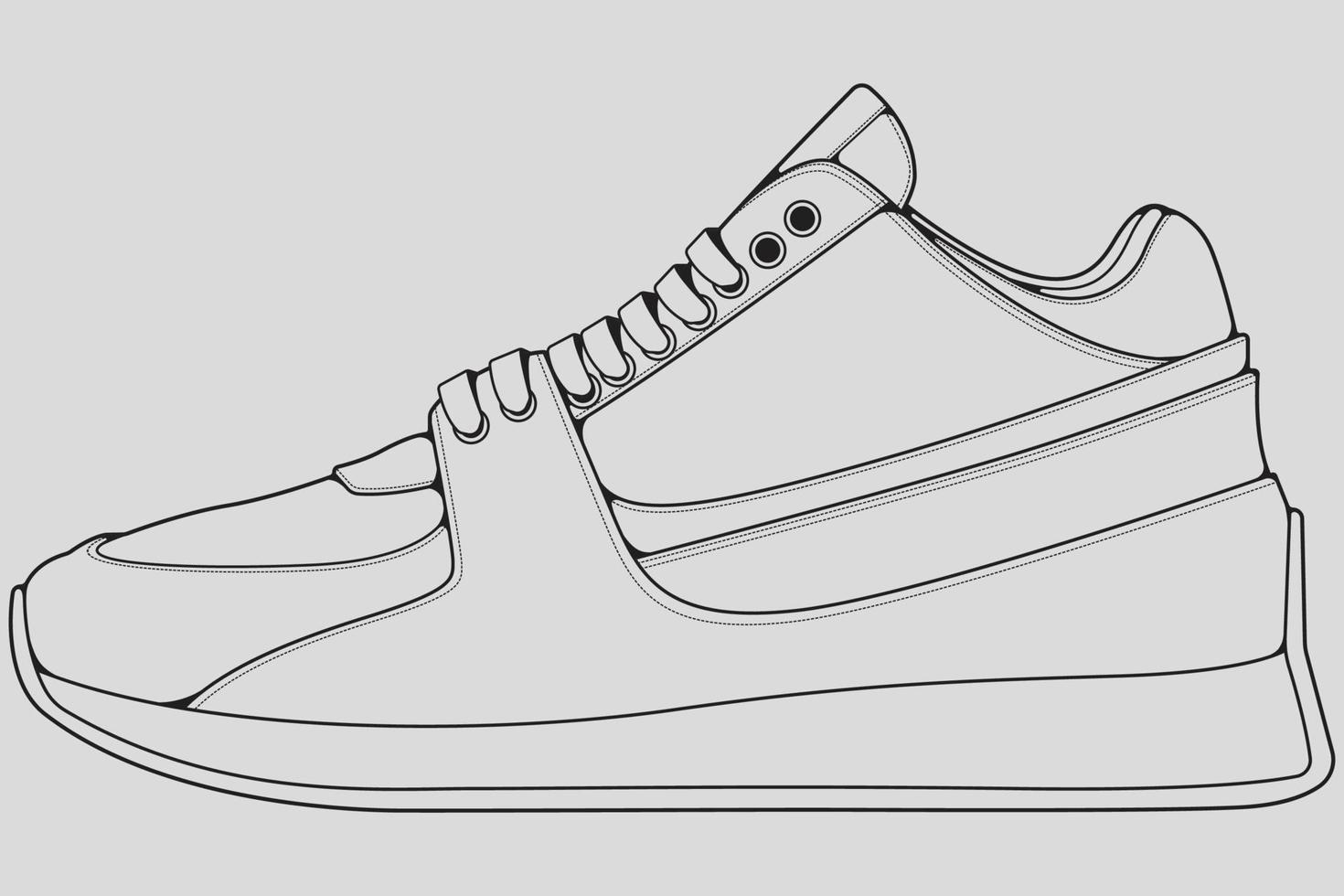 vector de dibujo de contorno de zapatillas de deporte, zapatillas dibujadas en un estilo de boceto, contorno de plantilla de zapatillas de deporte de línea negra, ilustración vectorial.