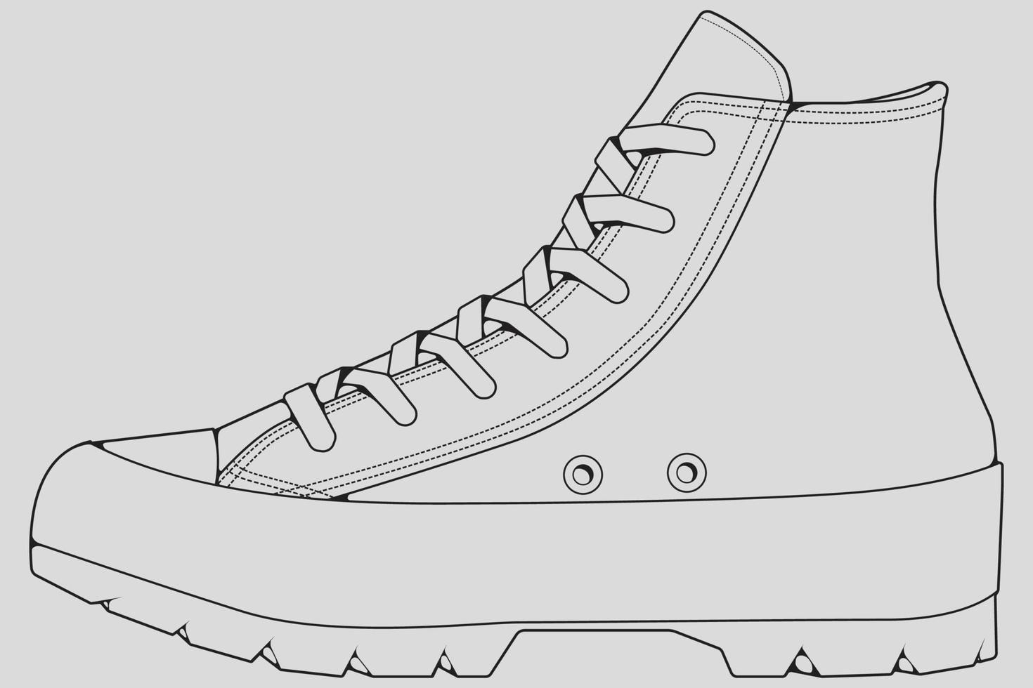 vector de dibujo de contorno de zapatillas de deporte, zapatillas dibujadas en un estilo de boceto, contorno de plantilla de zapatillas de deporte de línea negra, ilustración vectorial.