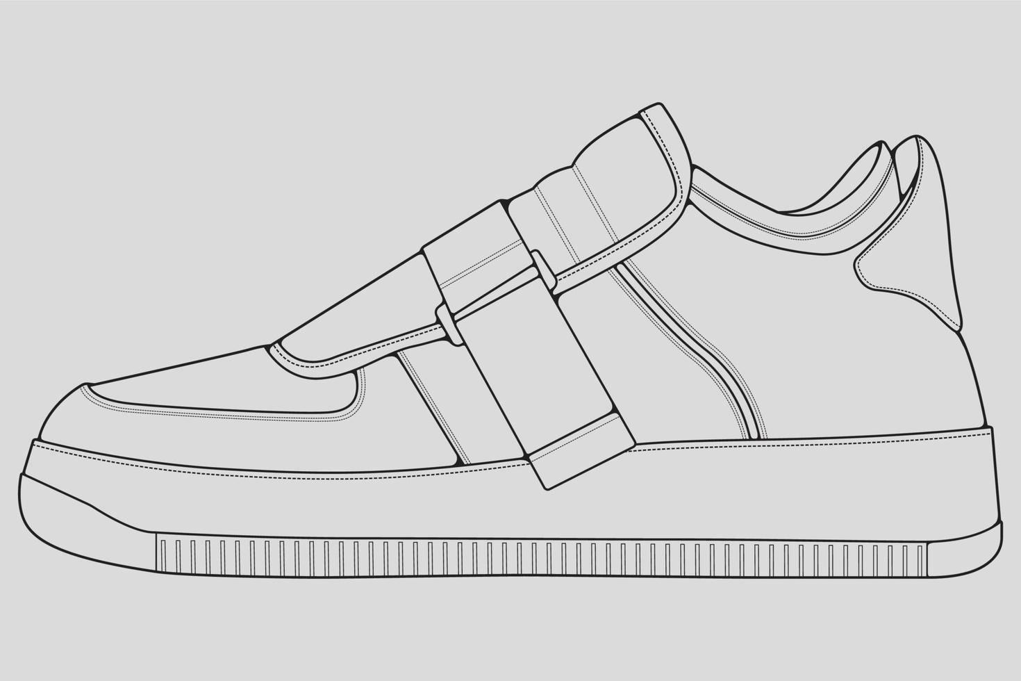 vector de dibujo de contorno de zapatillas de deporte, zapatillas dibujadas en un estilo de boceto, contorno de plantilla de zapatillas de deporte de línea negra, ilustración vectorial.