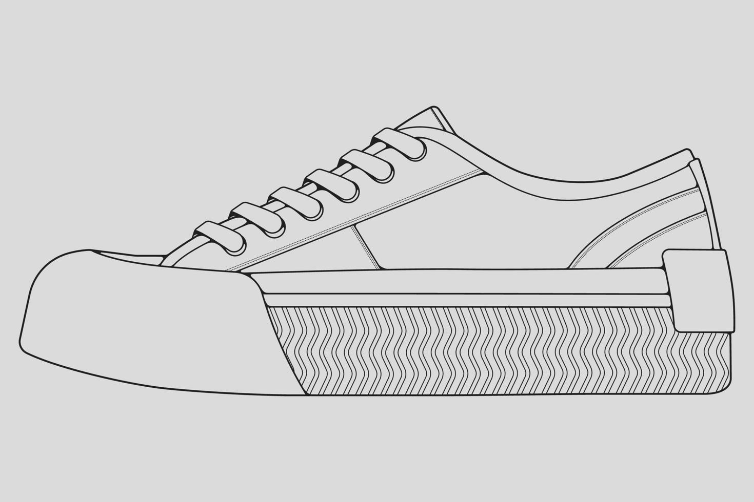 vector de dibujo de contorno de zapatillas de deporte, zapatillas dibujadas en un estilo de boceto, contorno de plantilla de zapatillas de deporte de línea negra, ilustración vectorial.