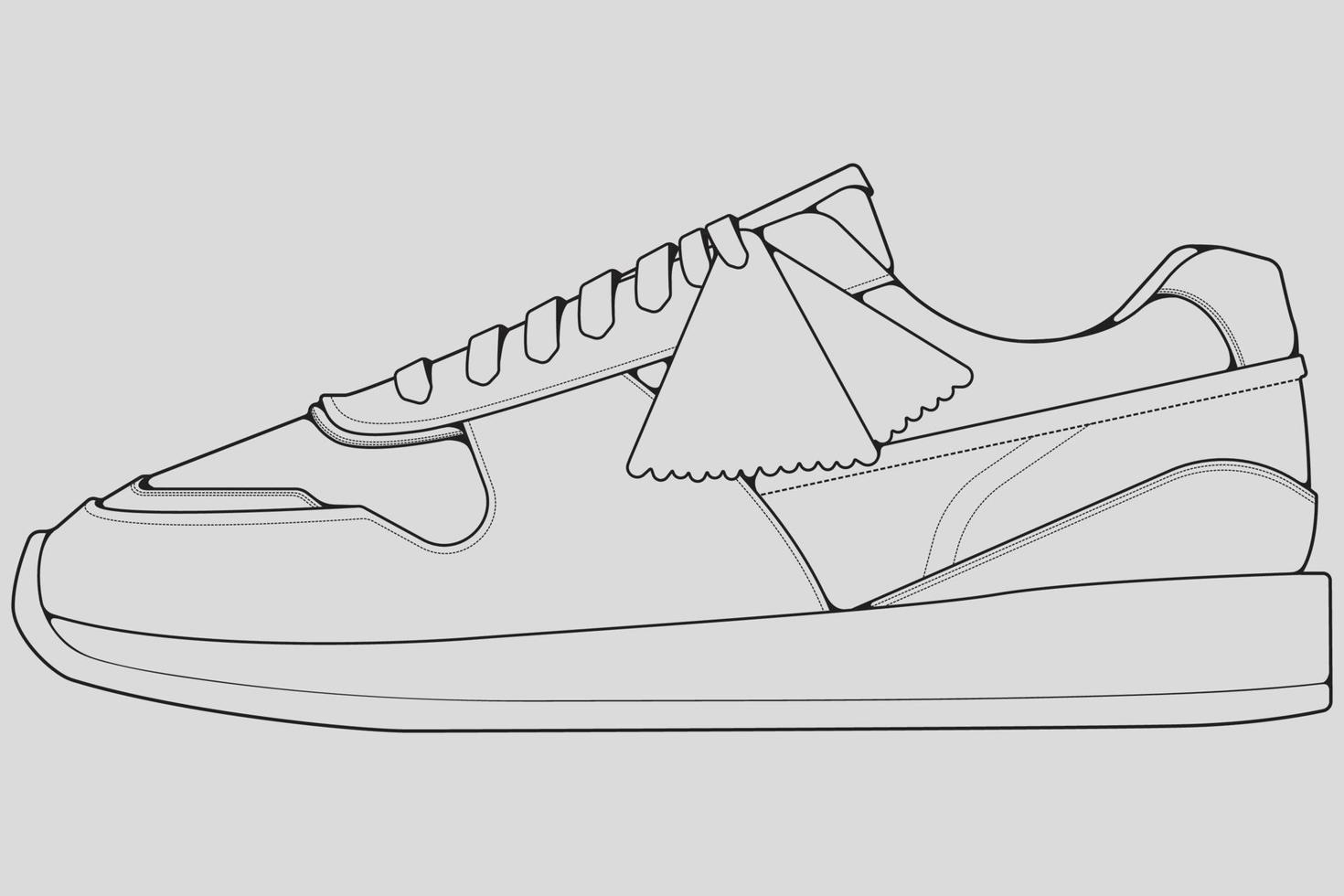 vector de dibujo de contorno de zapatillas de deporte, zapatillas dibujadas en un estilo de boceto, contorno de plantilla de zapatillas de deporte de línea negra, ilustración vectorial.